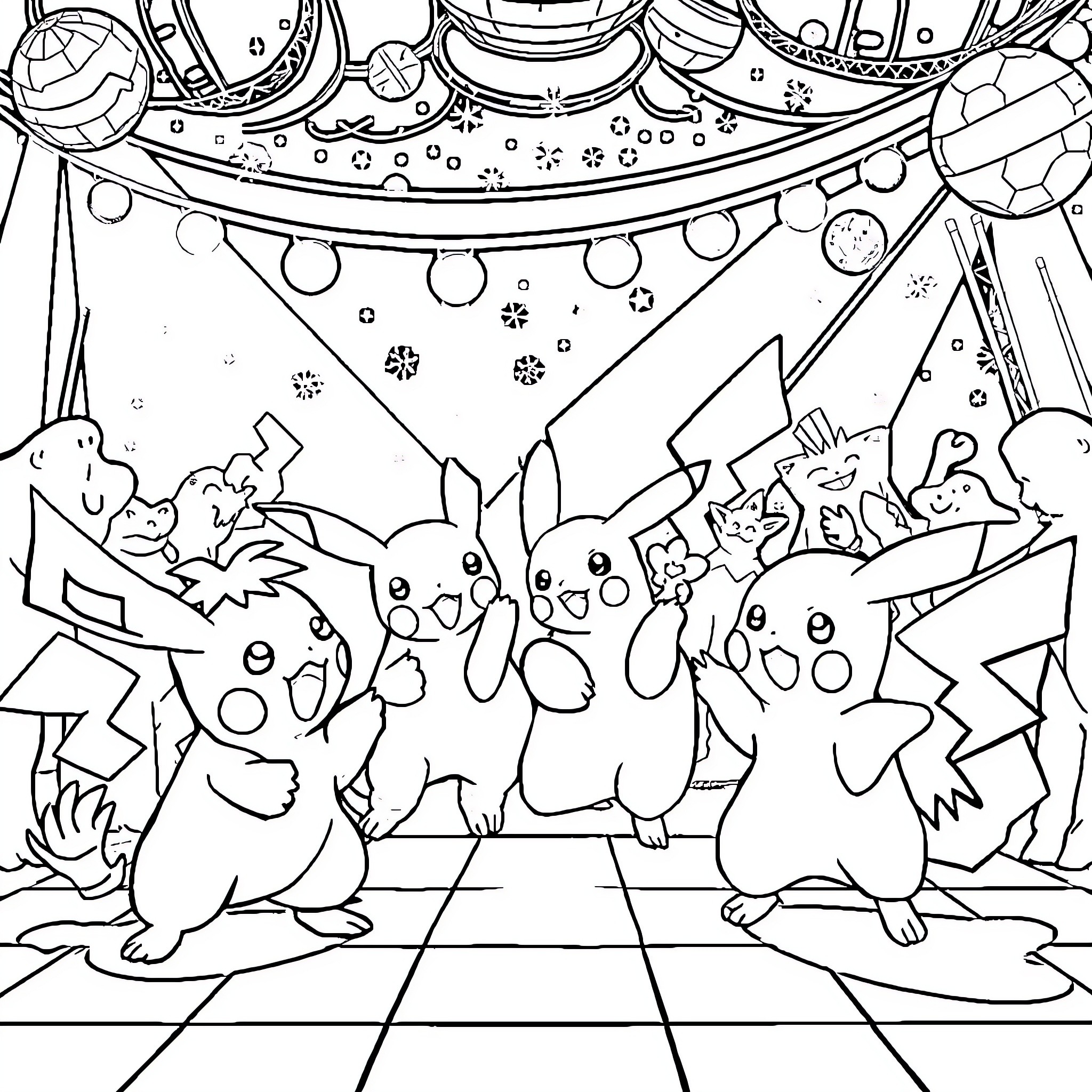 Pokémon Celebration with Pikachu and Friends Coloring Page (free black-and-white line drawing printable PDF for all, from beginners to advanced learners, including children, teens, adults, and seniors)