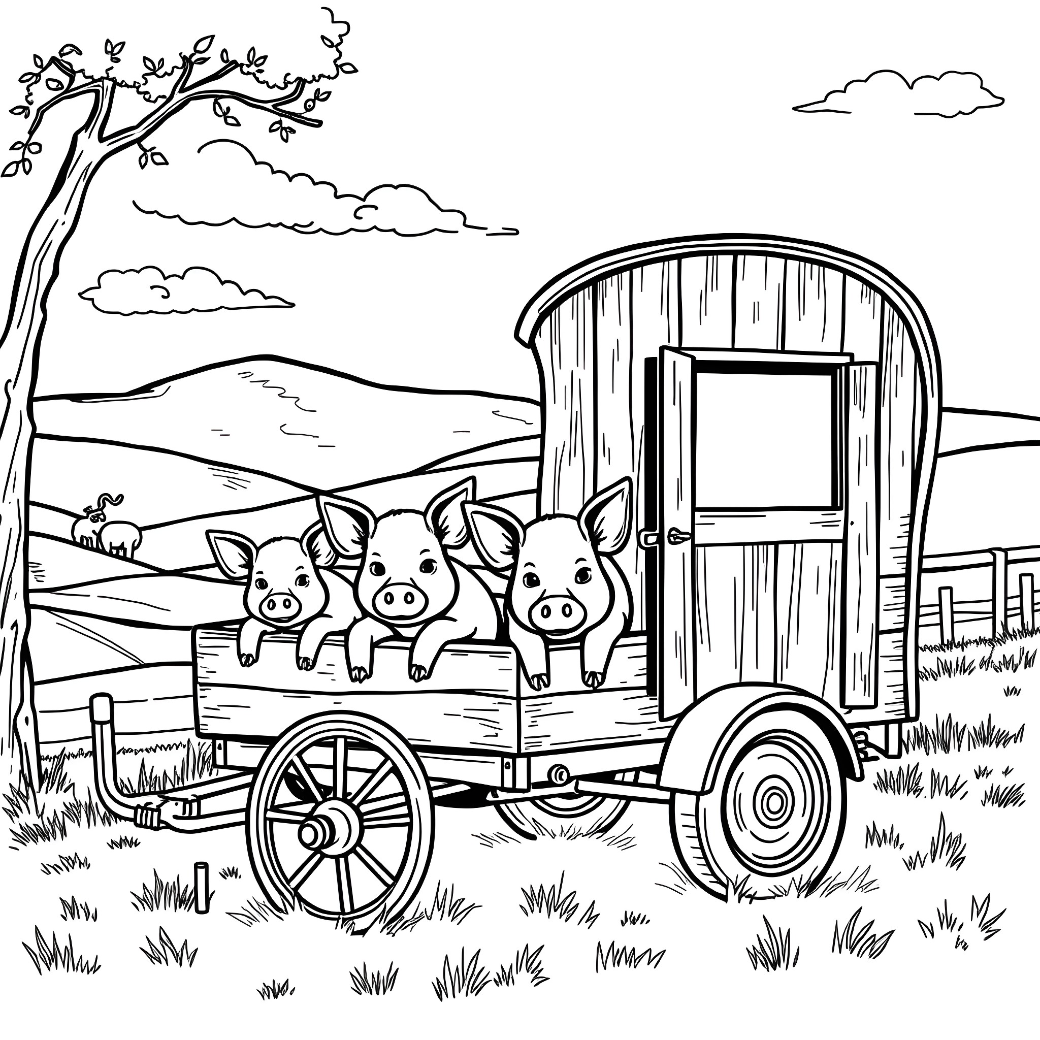 Pig trio riding on a farm wagon Coloring Page (free black-and-white line drawing printable PDF for all, from beginners to advanced learners, including children, teens, adults, and seniors)
