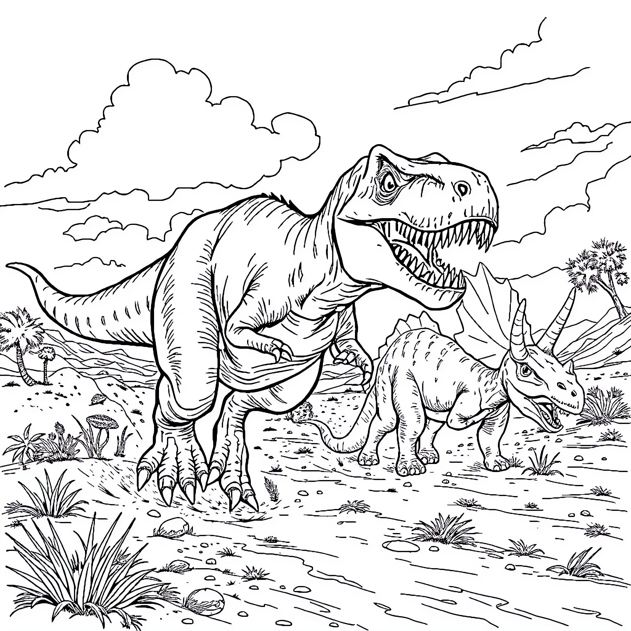 Tyrannosaurus roaming in prehistoric landscape Coloring Page (free black-and-white line drawing printable PDF for all, from beginners to advanced learners, including children, teens, adults, and seniors)