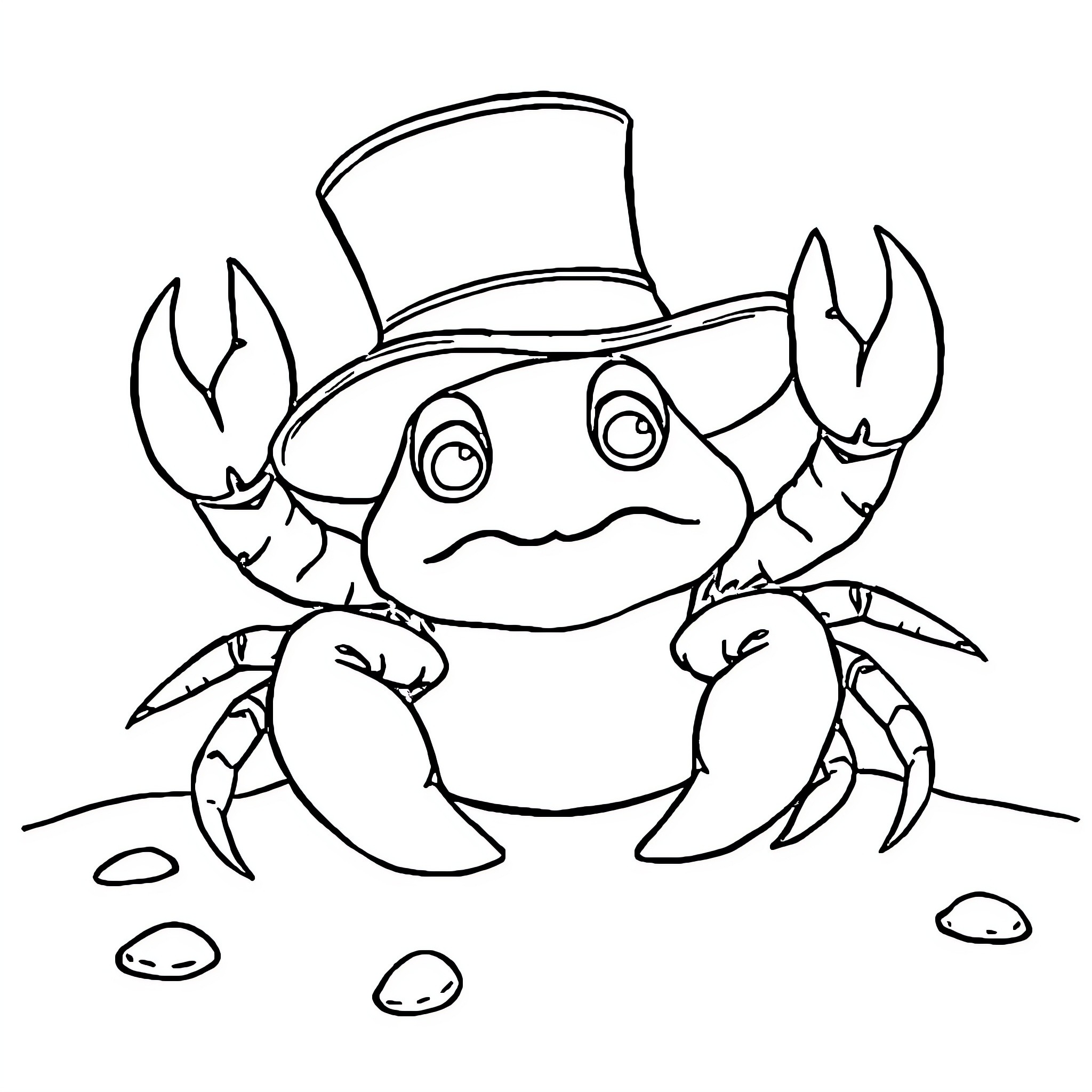 Crab wearing a fancy hat Coloring Page (free black-and-white line drawing printable PDF for all, from beginners to advanced learners, including children, teens, adults, and seniors)