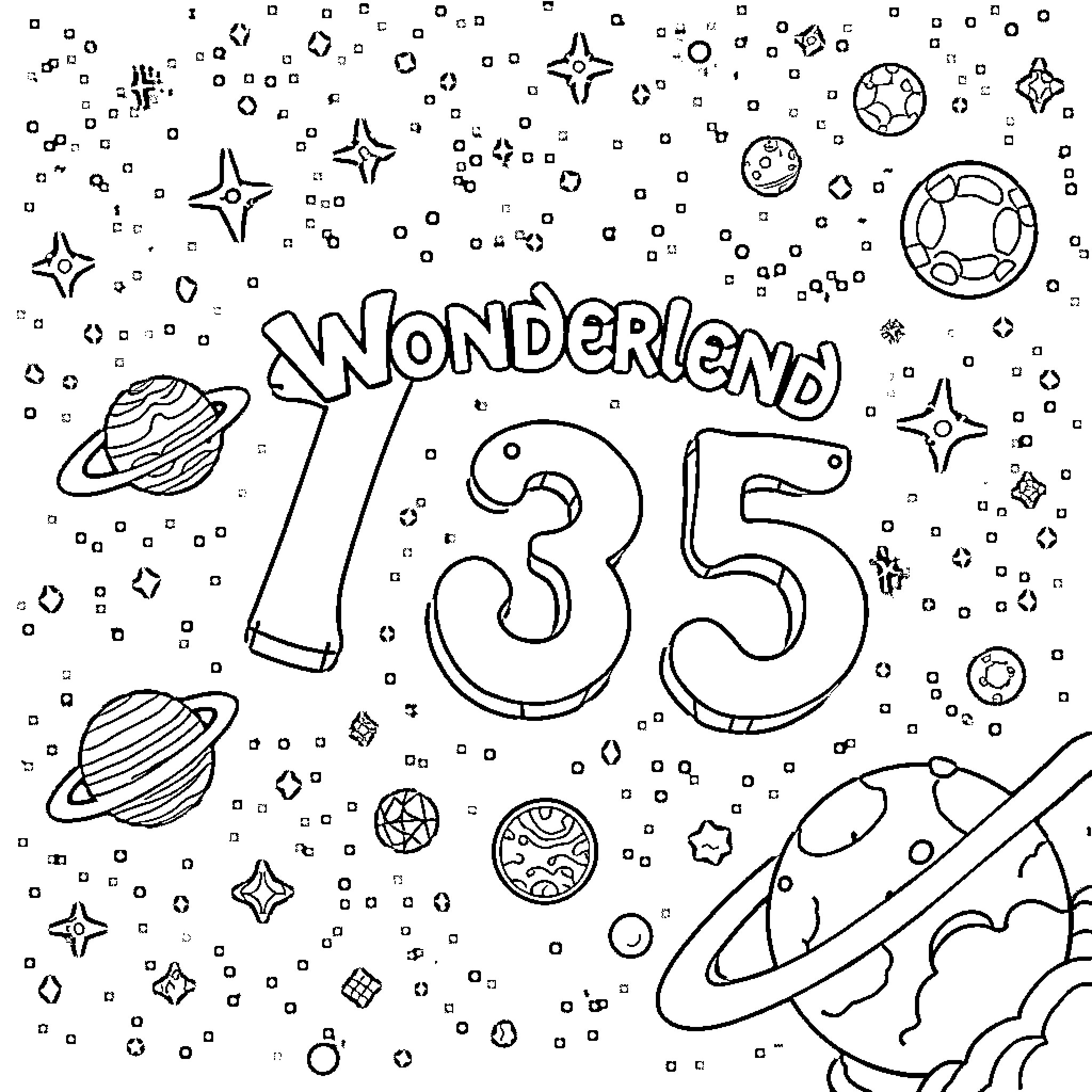 Number Wonderland 135 Cosmic Doodle Coloring Page (free black-and-white line drawing printable PDF for all, from beginners to advanced learners, including children, teens, adults, and seniors)