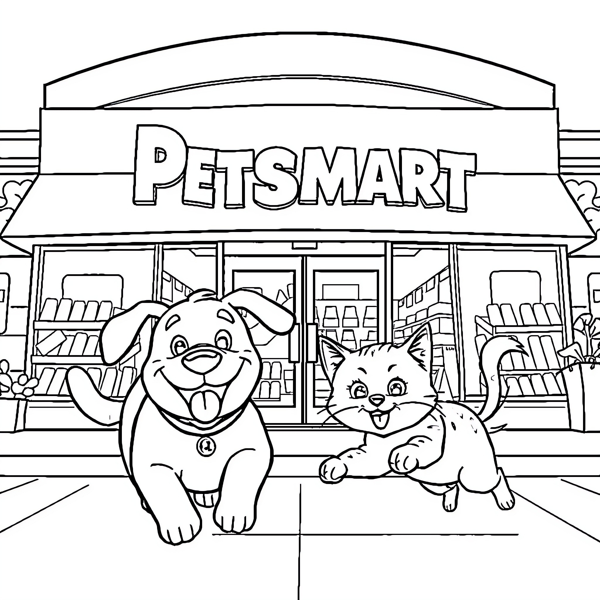 Dog and cat playing outside of Petsmart Coloring Page (free black-and-white line drawing printable PDF for all, from beginners to advanced learners, including children, teens, adults, and seniors)