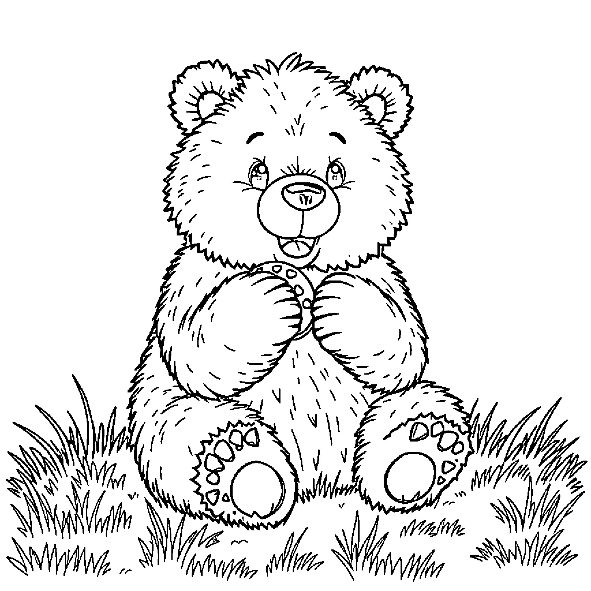 Bear sitting happily in the grass Coloring Page (free black-and-white line drawing printable PDF for all, from beginners to advanced learners, including children, teens, adults, and seniors)