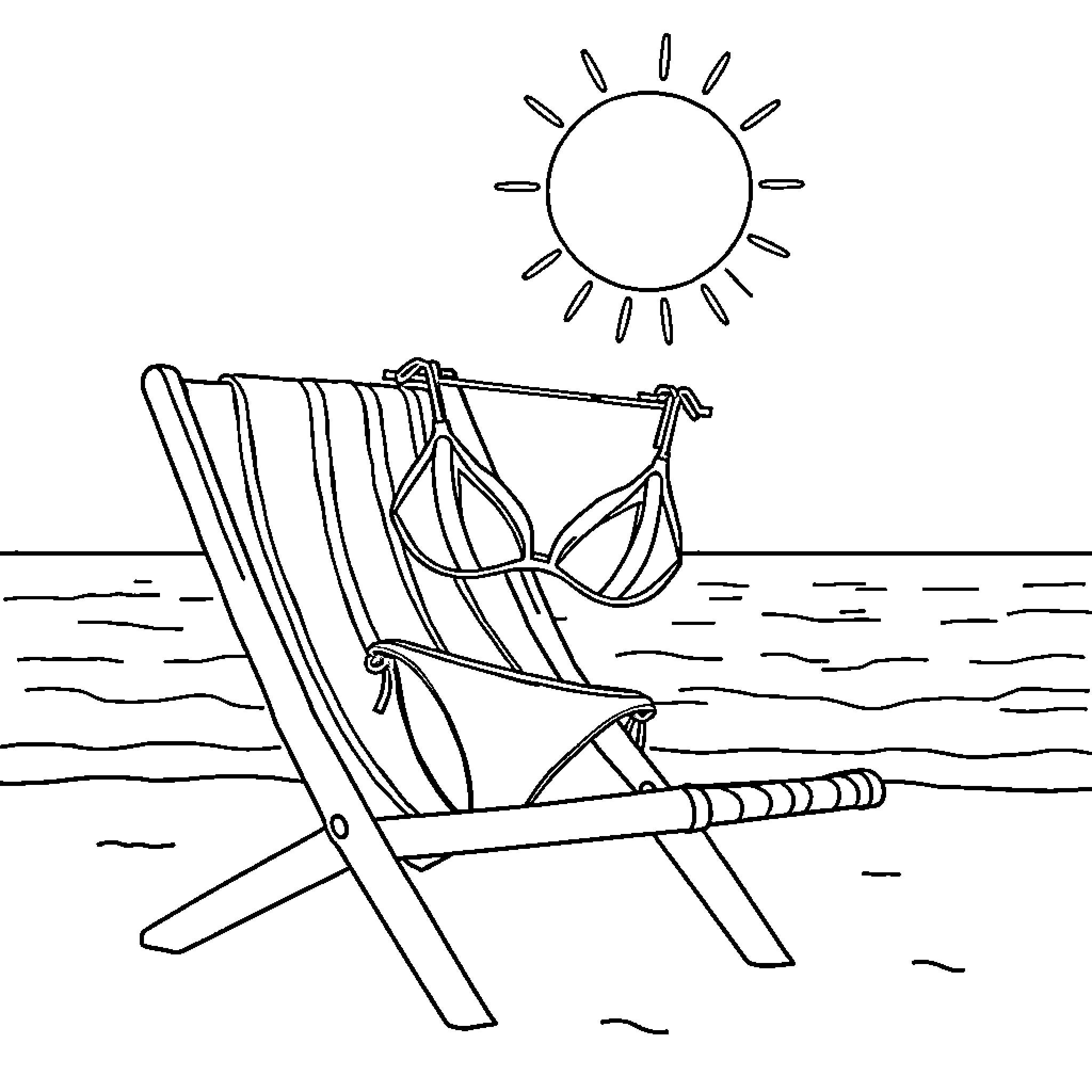 Bikini-clad sunbather relaxing on beach chair Coloring Page (free black-and-white line drawing printable PDF for all, from beginners to advanced learners, including children, teens, adults, and seniors)