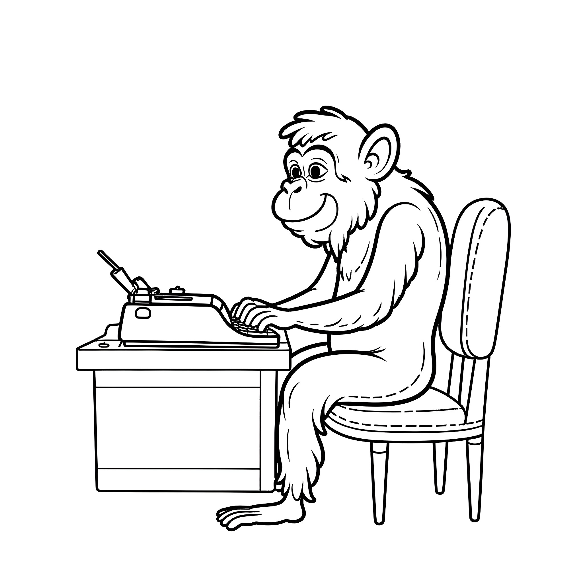 Monkey typing on a typewriter Coloring Page (free black-and-white line drawing printable PDF for all, from beginners to advanced learners, including children, teens, adults, and seniors)