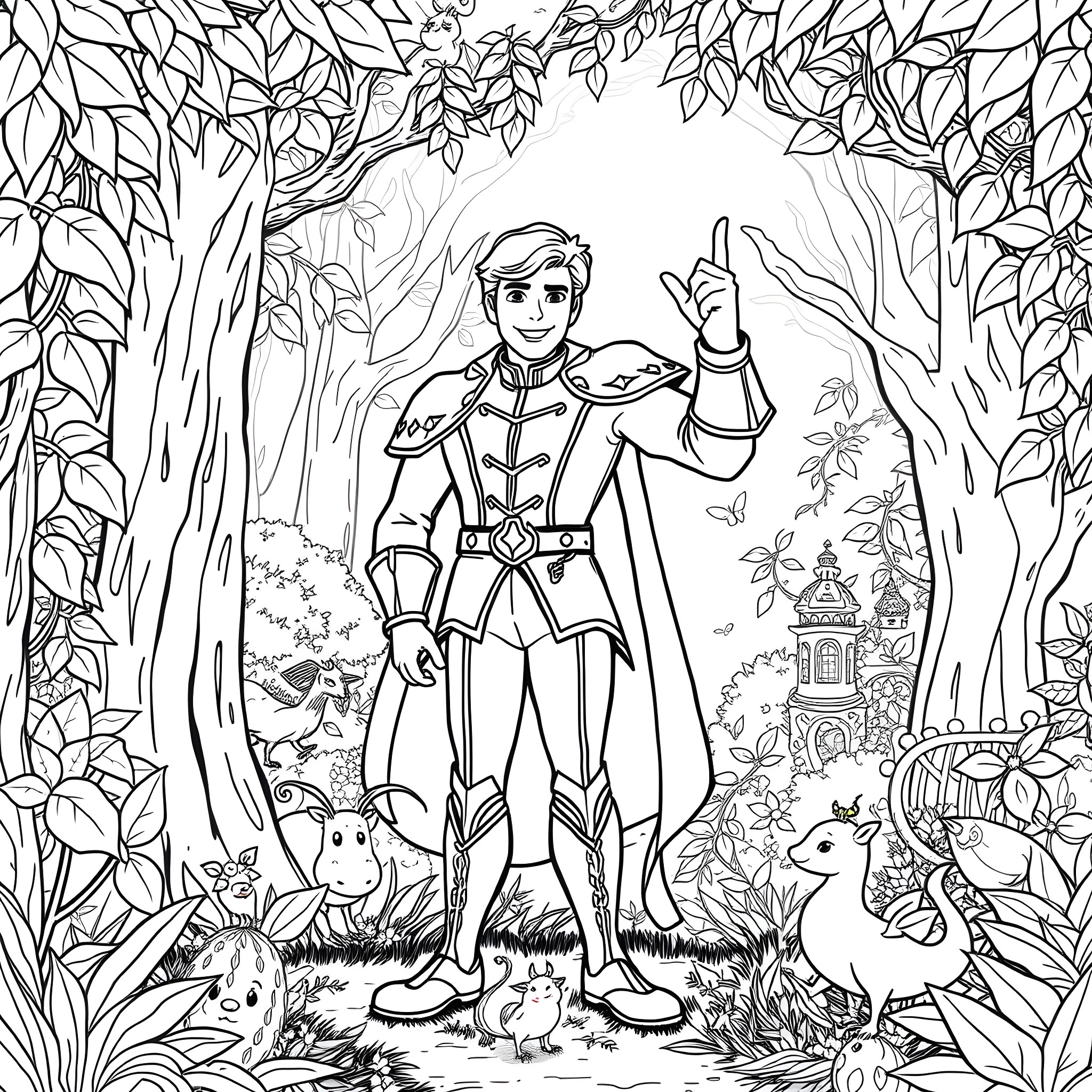 Prince Exploring the Enchanted Forest Coloring Page (free black-and-white line drawing printable PDF for all, from beginners to advanced learners, including children, teens, adults, and seniors)