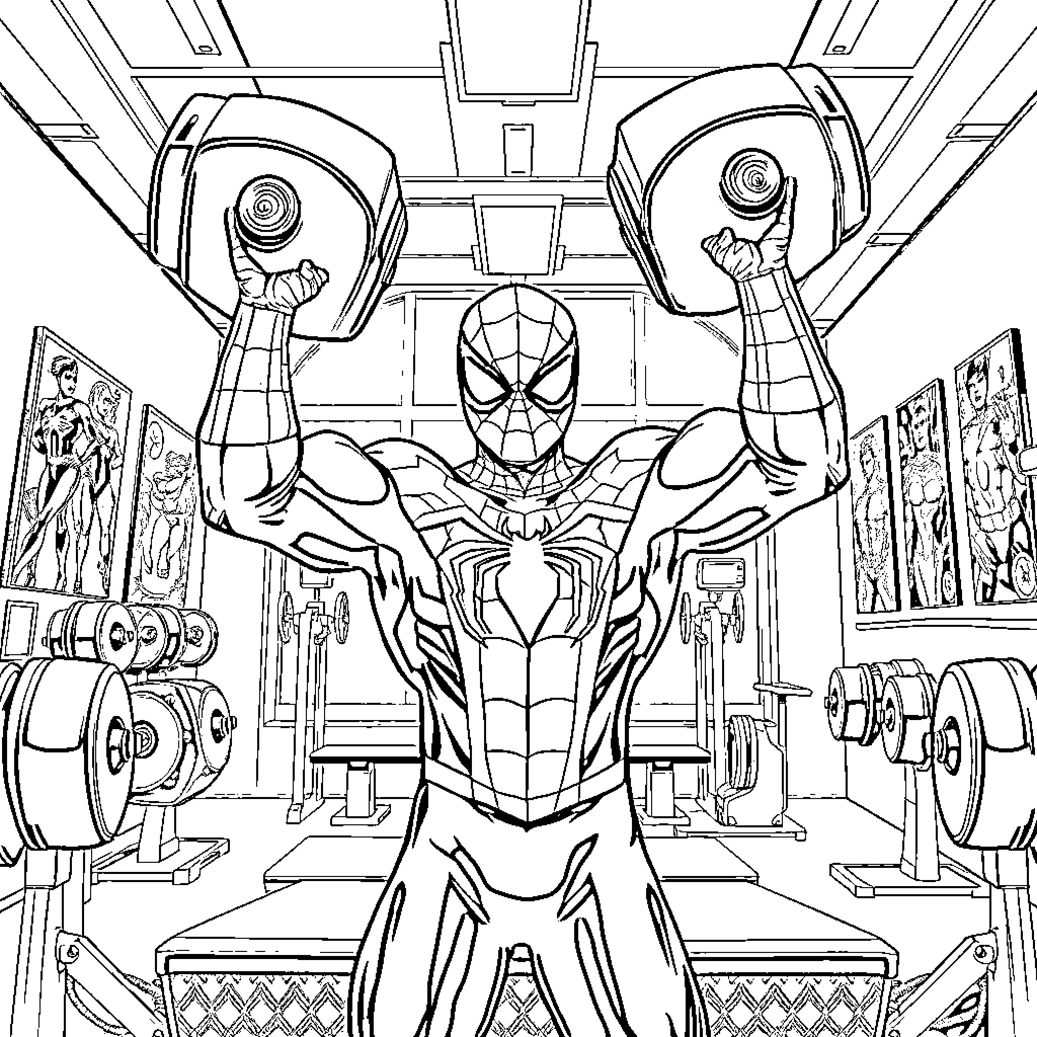 Spider-Man lifting weights in the gym Coloring Page (free black-and-white line drawing printable PDF for all, from beginners to advanced learners, including children, teens, adults, and seniors)