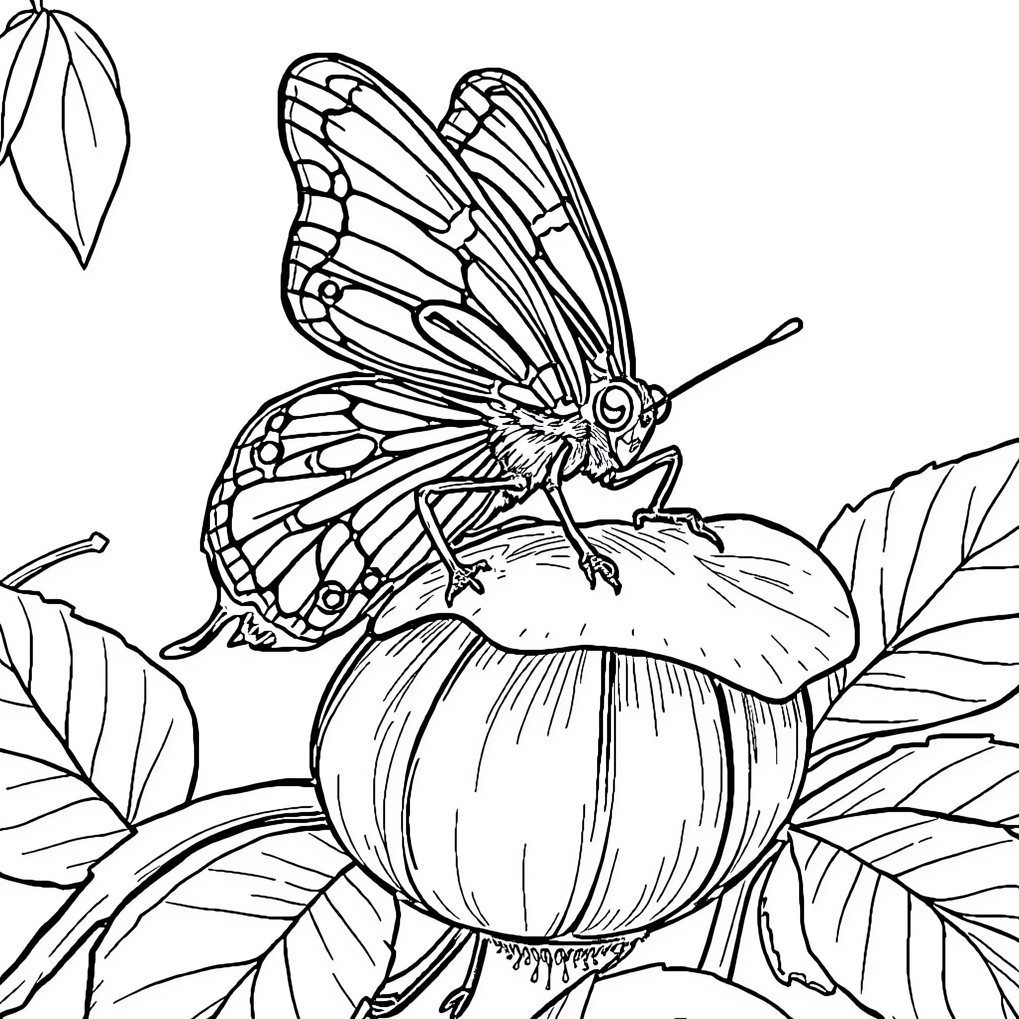 Caterpillar resting on a large pumpkin-like fruit Coloring Page (free black-and-white line drawing printable PDF for all, from beginners to advanced learners, including children, teens, adults, and seniors)