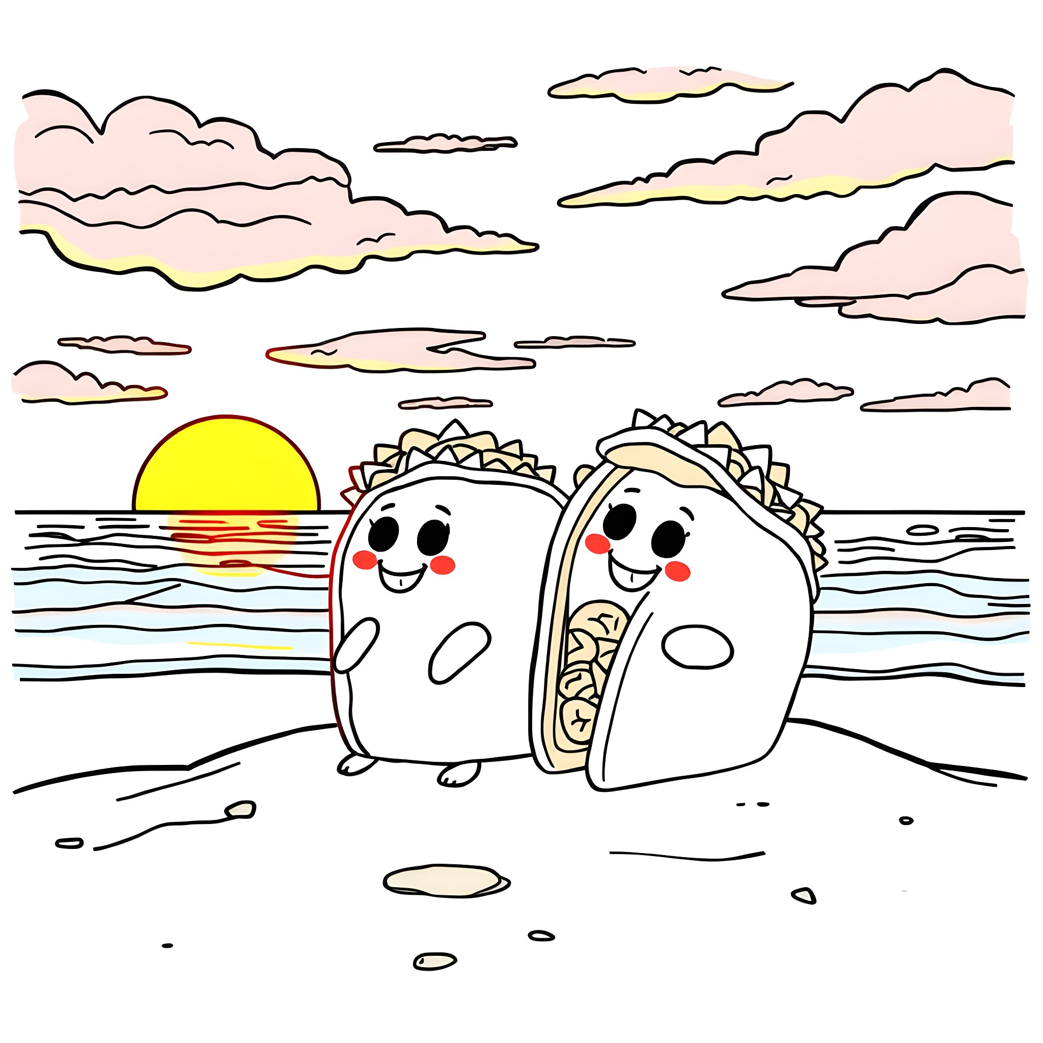 Taco friends enjoying the sunset on the beach Coloring Page (free black-and-white line drawing printable PDF for all, from beginners to advanced learners, including children, teens, adults, and seniors)