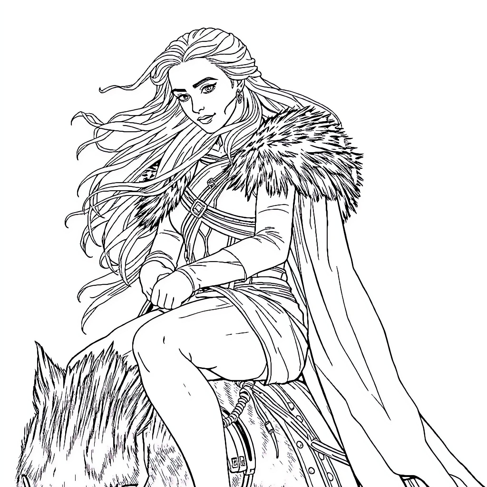 Daenerys in Fur Cloak and Flowing Dress Coloring Page (free black-and-white line drawing printable PDF for all, from beginners to advanced learners, including children, teens, adults, and seniors)
