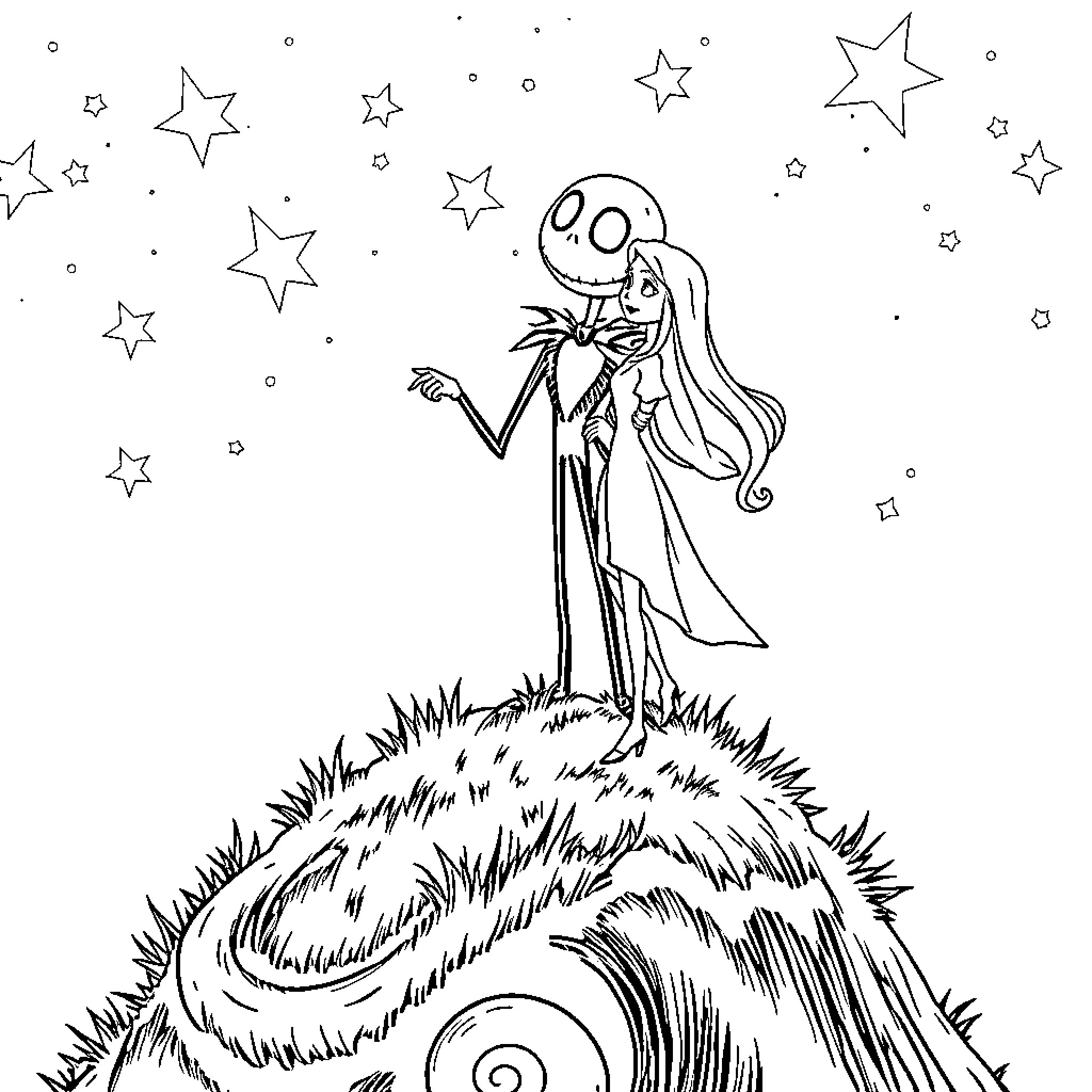Jack Skellington standing among the stars Coloring Page (free black-and-white line drawing printable PDF for all, from beginners to advanced learners, including children, teens, adults, and seniors)
