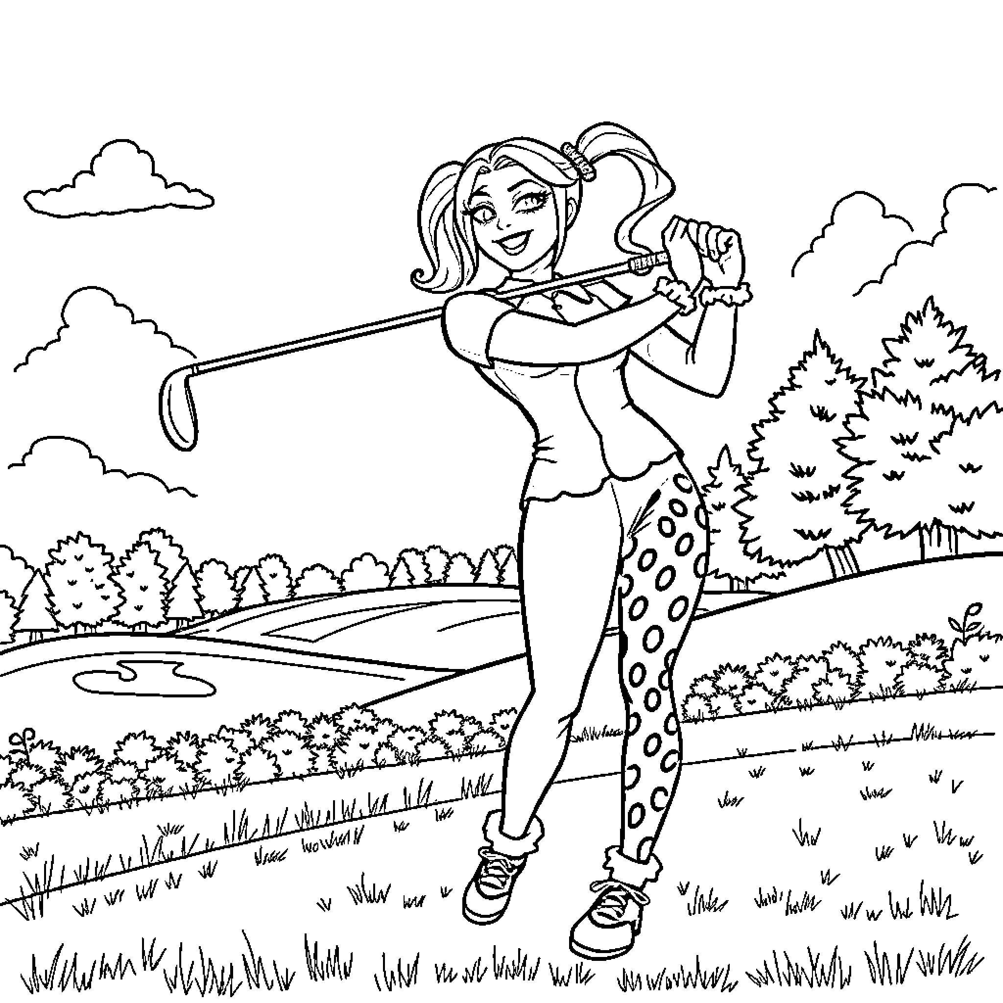 Harley Quinn happily golfing in the countryside Coloring Page (free black-and-white line drawing printable PDF for all, from beginners to advanced learners, including children, teens, adults, and seniors)