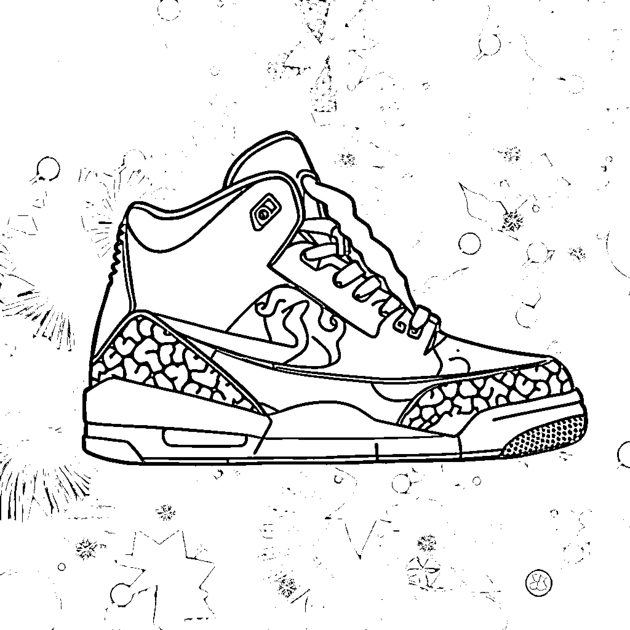 Jordan's Artistic Sneaker Illustration Coloring Page (free black-and-white line drawing printable PDF for all, from beginners to advanced learners, including children, teens, adults, and seniors)