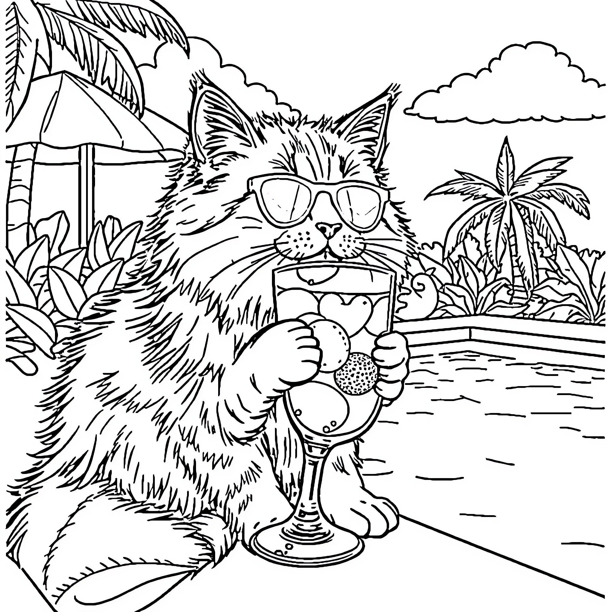 Cat relaxing by the tropical beach Coloring Page (free black-and-white line drawing printable PDF for all, from beginners to advanced learners, including children, teens, adults, and seniors)