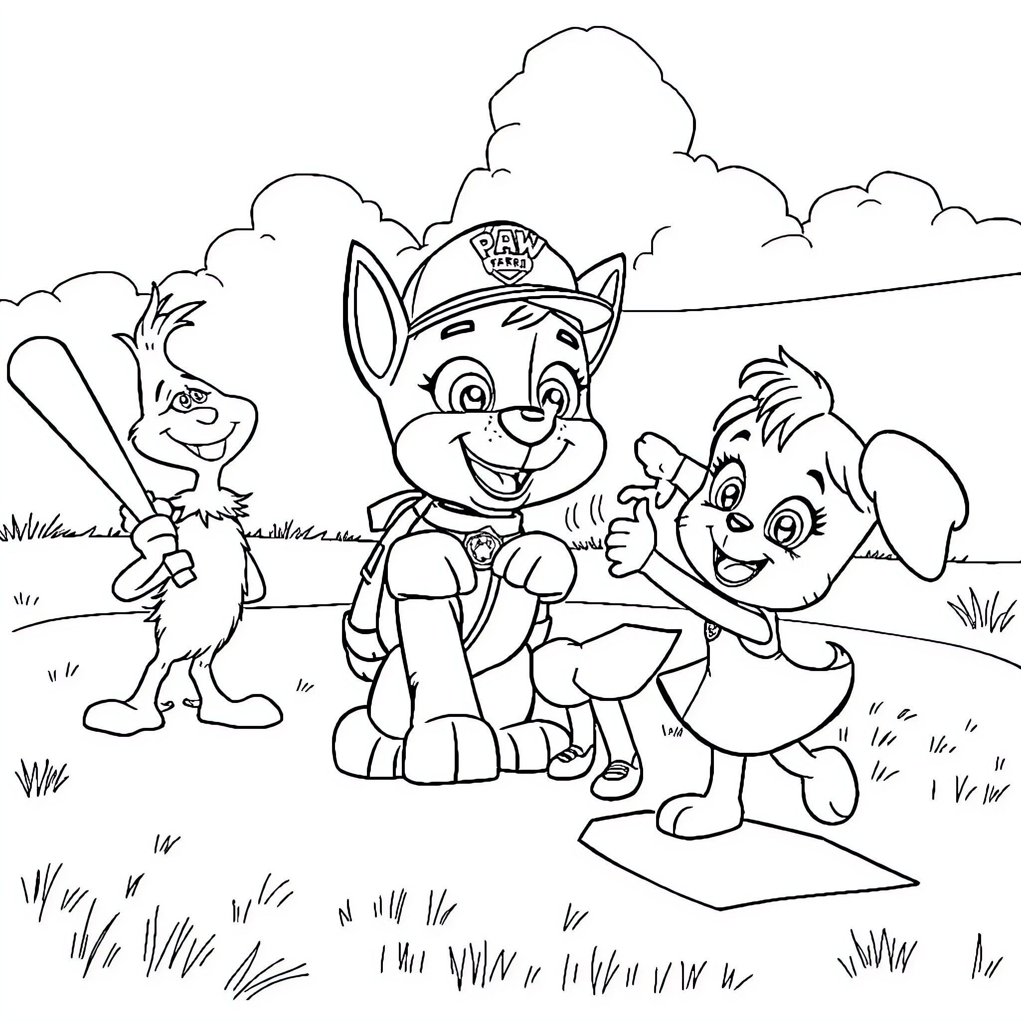 Paw Patrol pups playing outdoors together Coloring Page (free black-and-white line drawing printable PDF for all, from beginners to advanced learners, including children, teens, adults, and seniors)