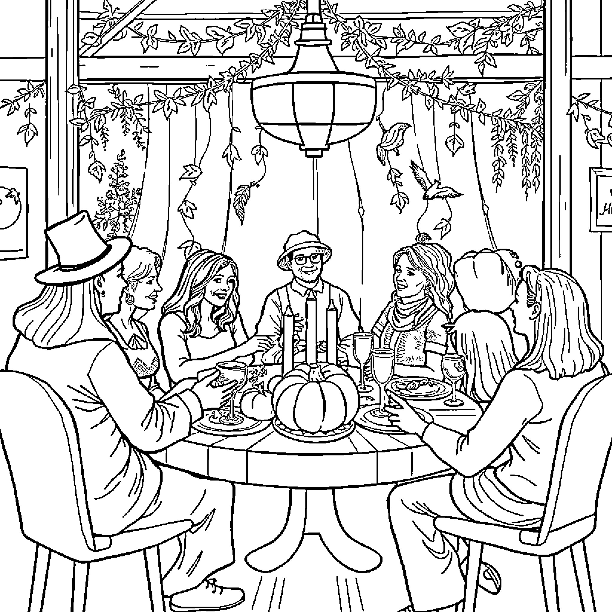 Mental Health: Gathering of Friends at Autumn Table Coloring Page (free black-and-white line drawing printable PDF for all, from beginners to advanced learners, including children, teens, adults, and seniors)