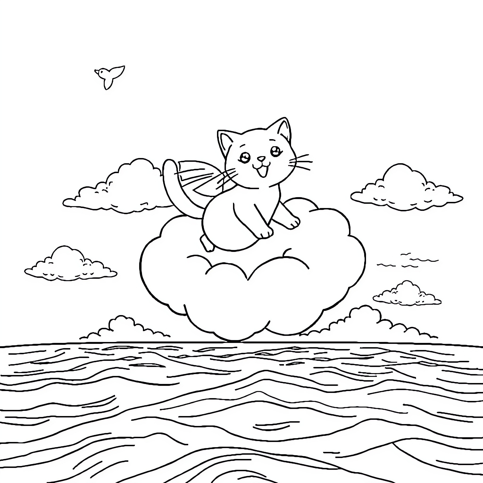 Cat relaxing on a cloud above the ocean Coloring Page (free black-and-white line drawing printable PDF for all, from beginners to advanced learners, including children, teens, adults, and seniors)