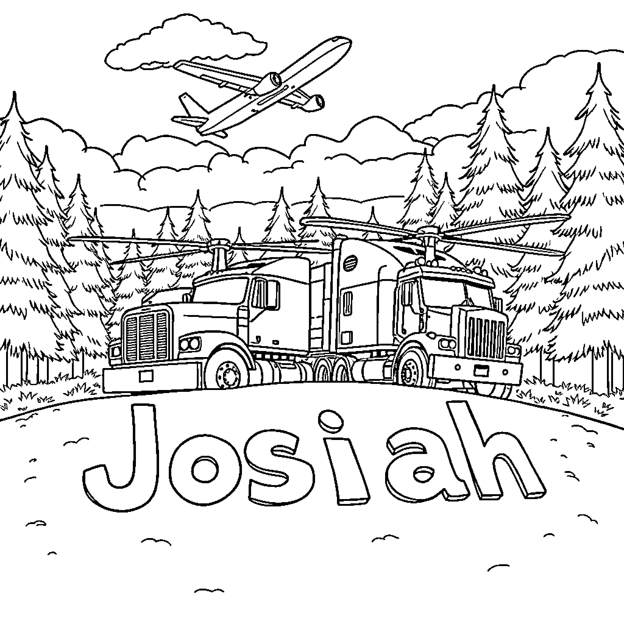 Truck transporting cargo through scenic landscape Coloring Page (free black-and-white line drawing printable PDF for all, from beginners to advanced learners, including children, teens, adults, and seniors)