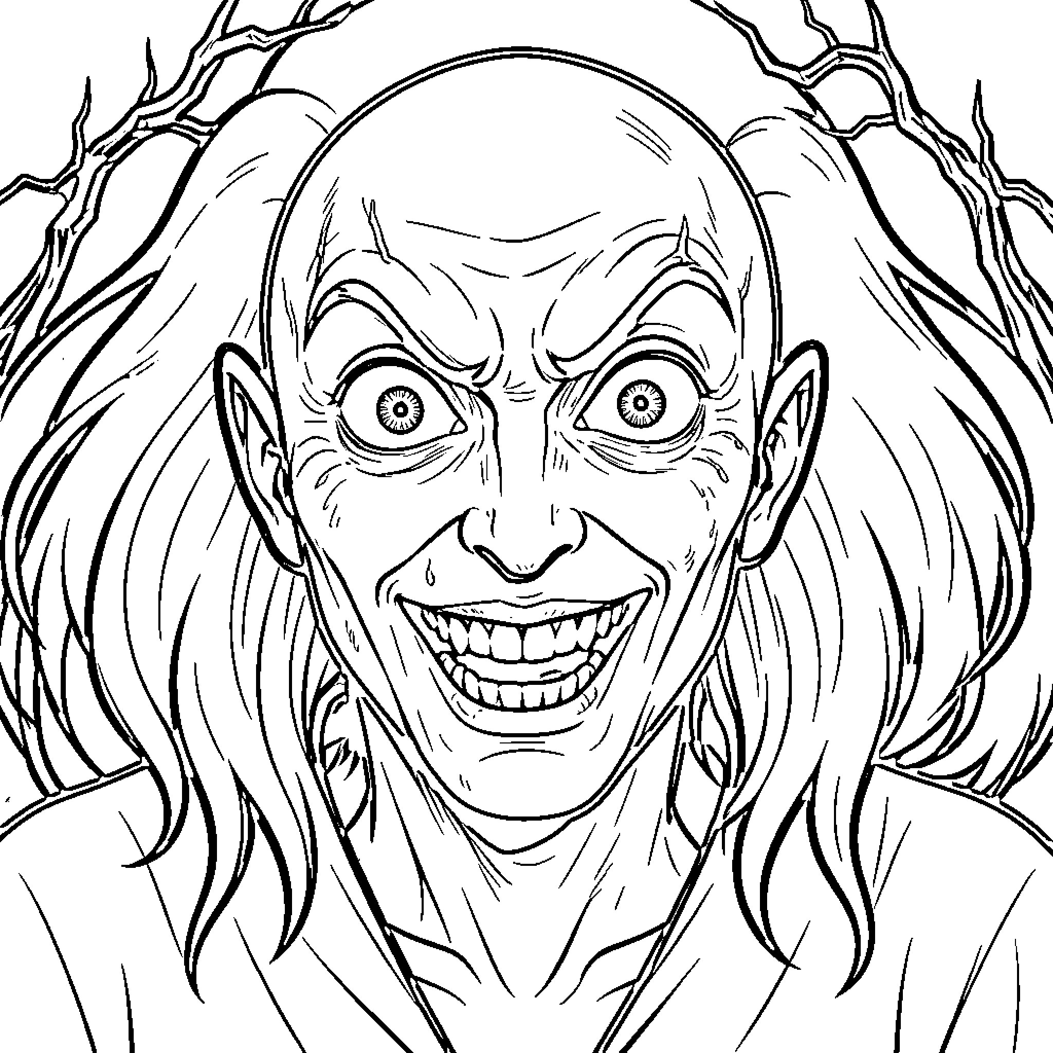 Evil Spirit with a terrifying manic grin Coloring Page (free black-and-white line drawing printable PDF for all, from beginners to advanced learners, including children, teens, adults, and seniors)