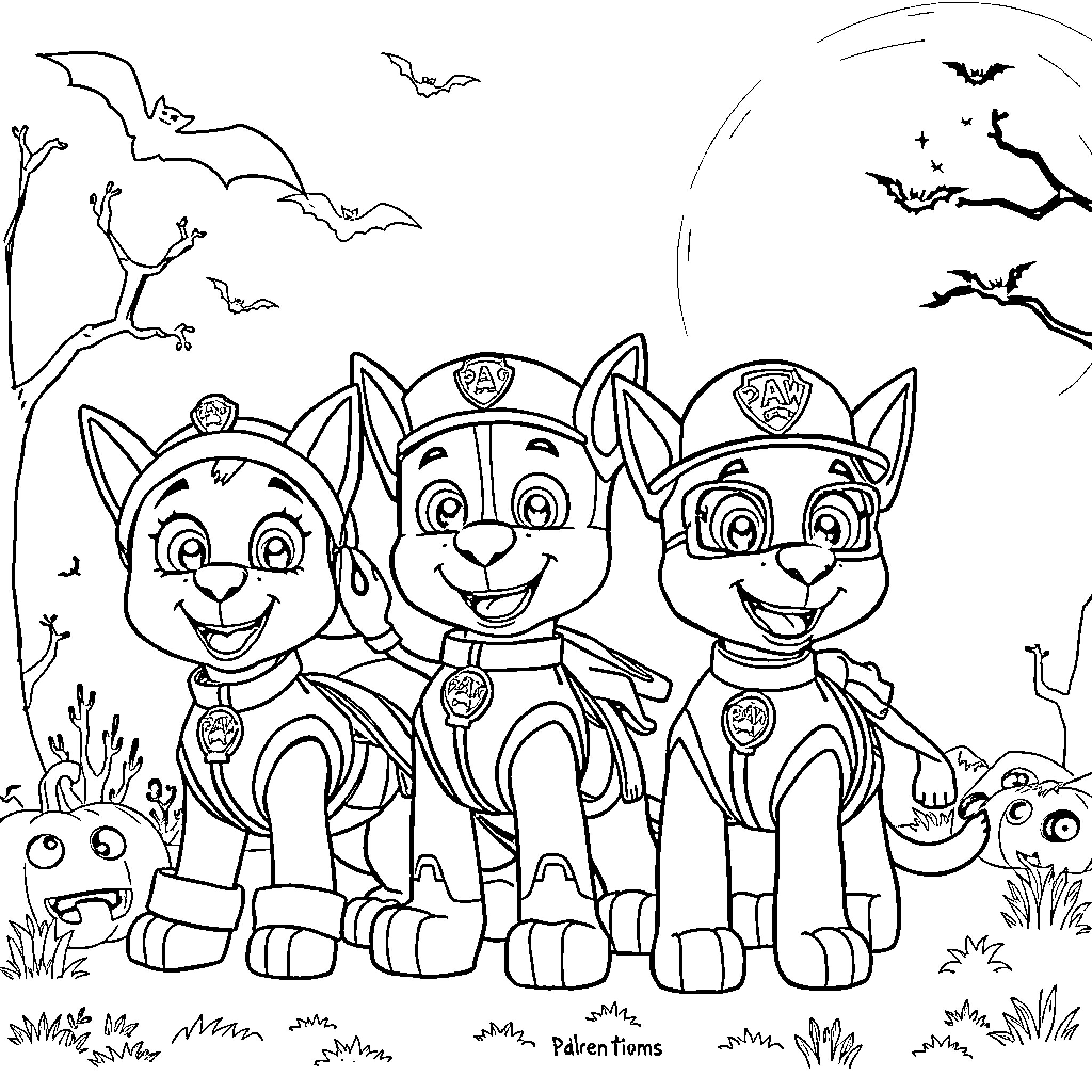 Paw Patrol team in action on Halloween night Coloring Page (free black-and-white line drawing printable PDF for all, from beginners to advanced learners, including children, teens, adults, and seniors)