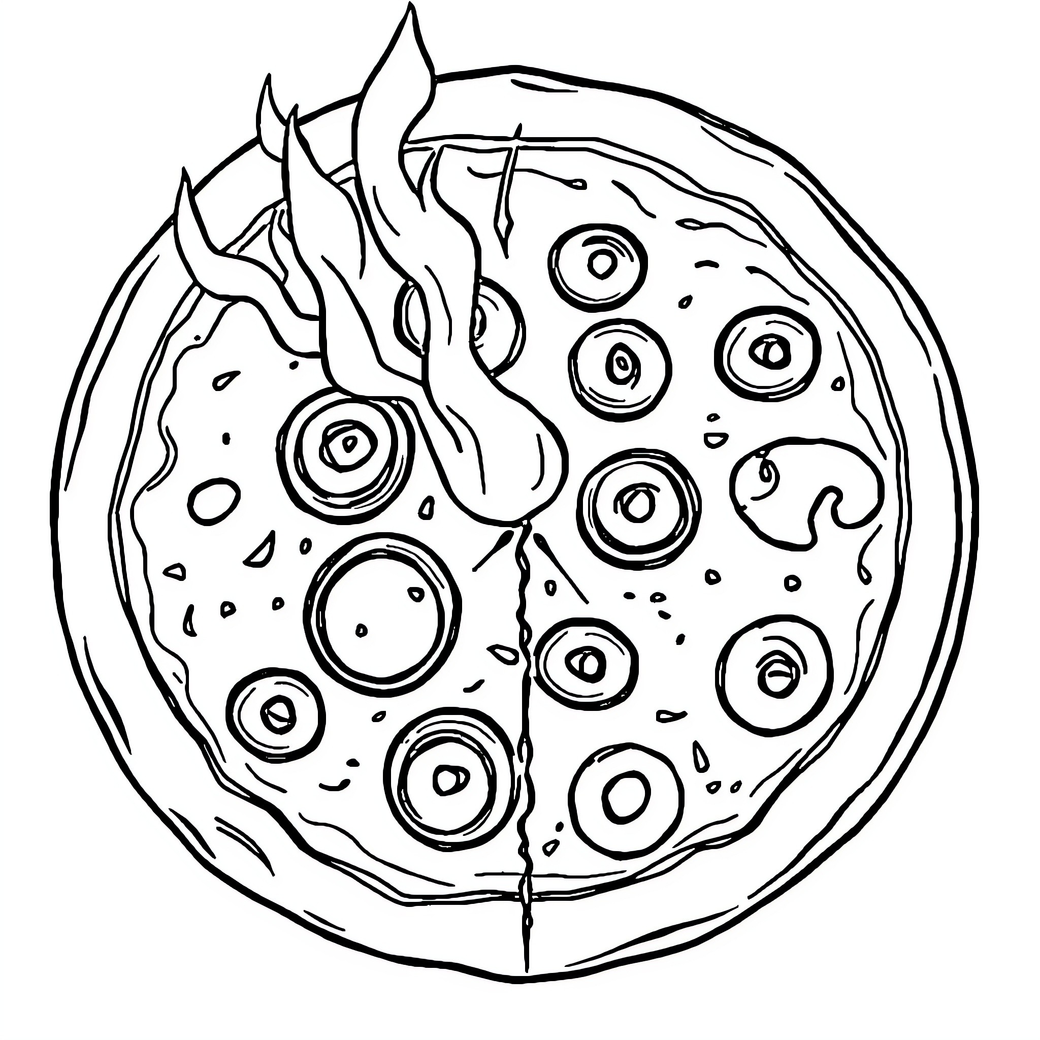Pizza with Unique Toppings Coloring Page (free black-and-white line drawing printable PDF for all, from beginners to advanced learners, including children, teens, adults, and seniors)