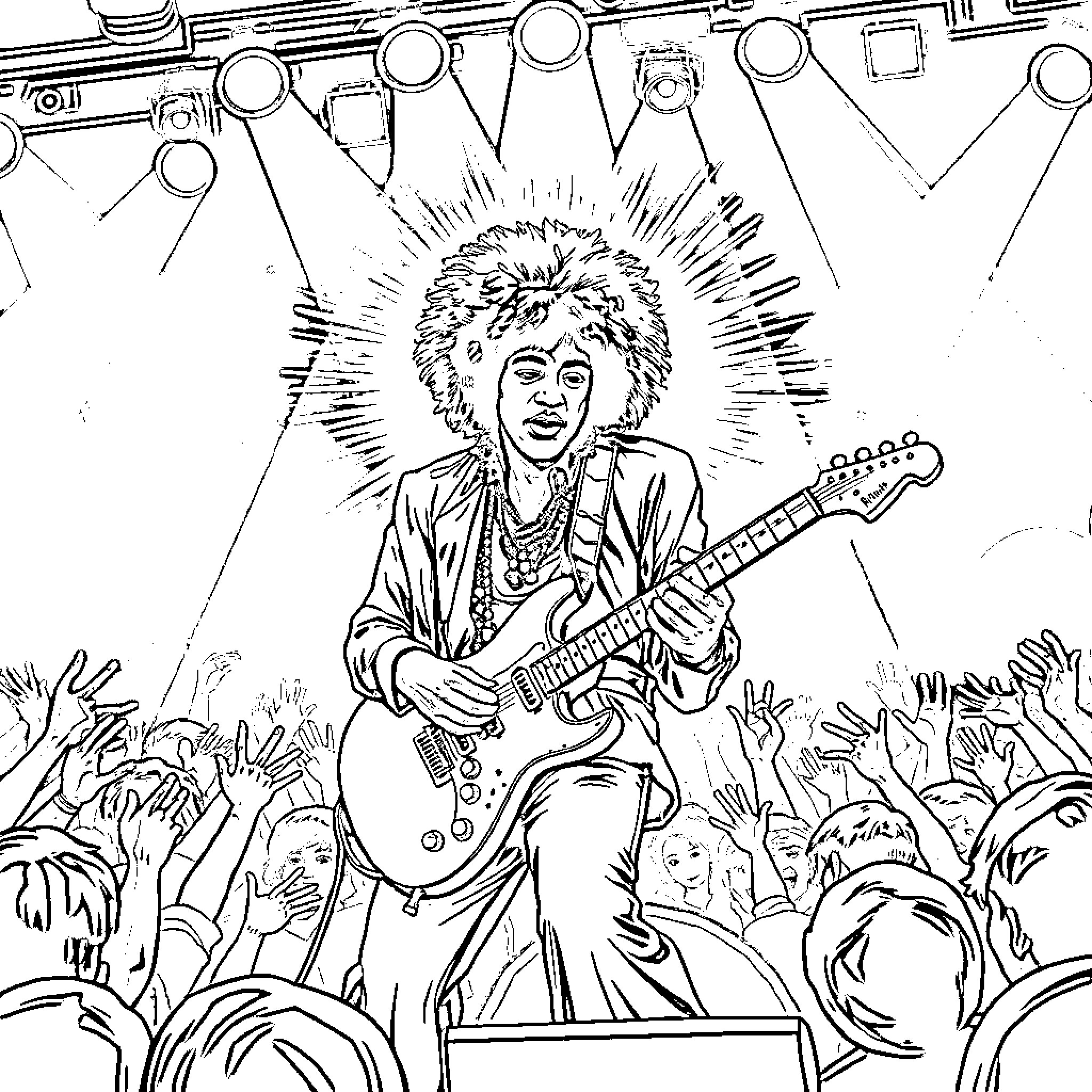 Jimi Hendrix performing on stage with electric guitar Coloring Page (free black-and-white line drawing printable PDF for all, from beginners to advanced learners, including children, teens, adults, and seniors)