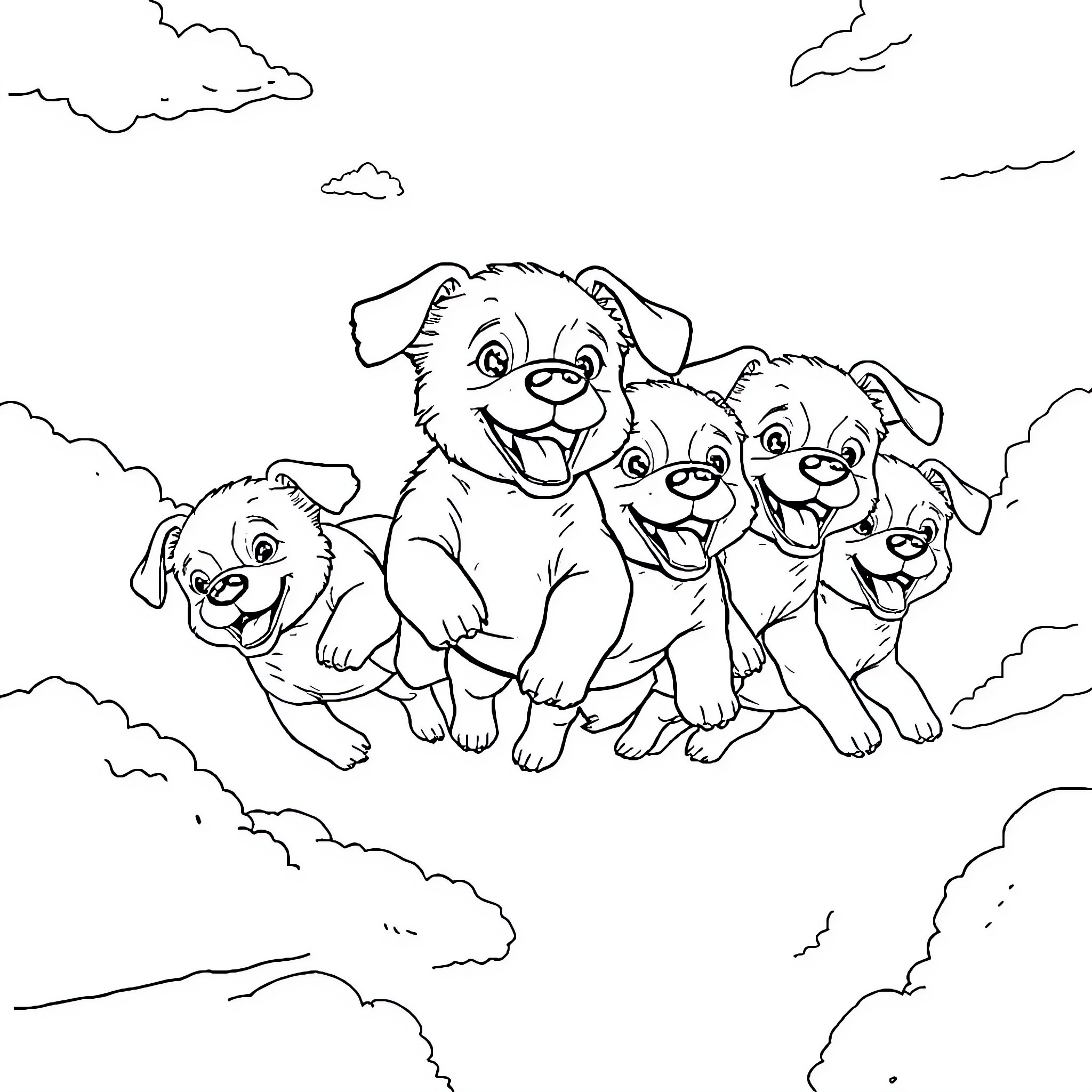 Air Buddy's Playful Pups in the Clouds Coloring Page (free black-and-white line drawing printable PDF for all, from beginners to advanced learners, including children, teens, adults, and seniors)