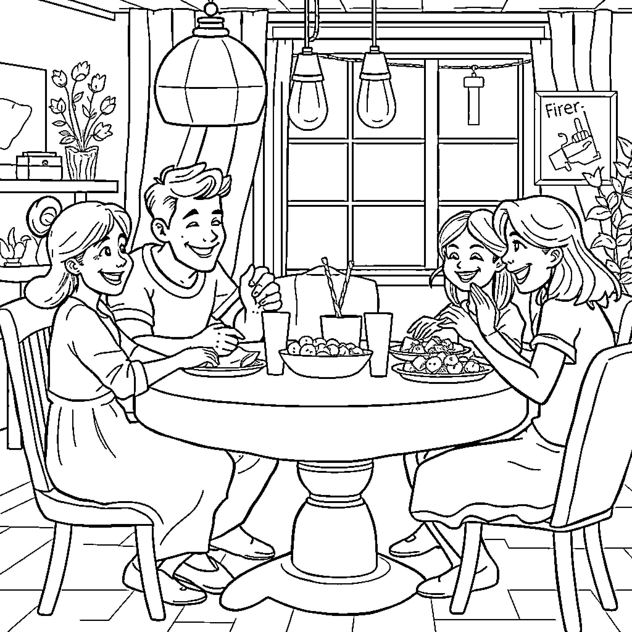 Family Enjoying a Meal Together in a Cozy Home Coloring Page (free black-and-white line drawing printable PDF for all, from beginners to advanced learners, including children, teens, adults, and seniors)