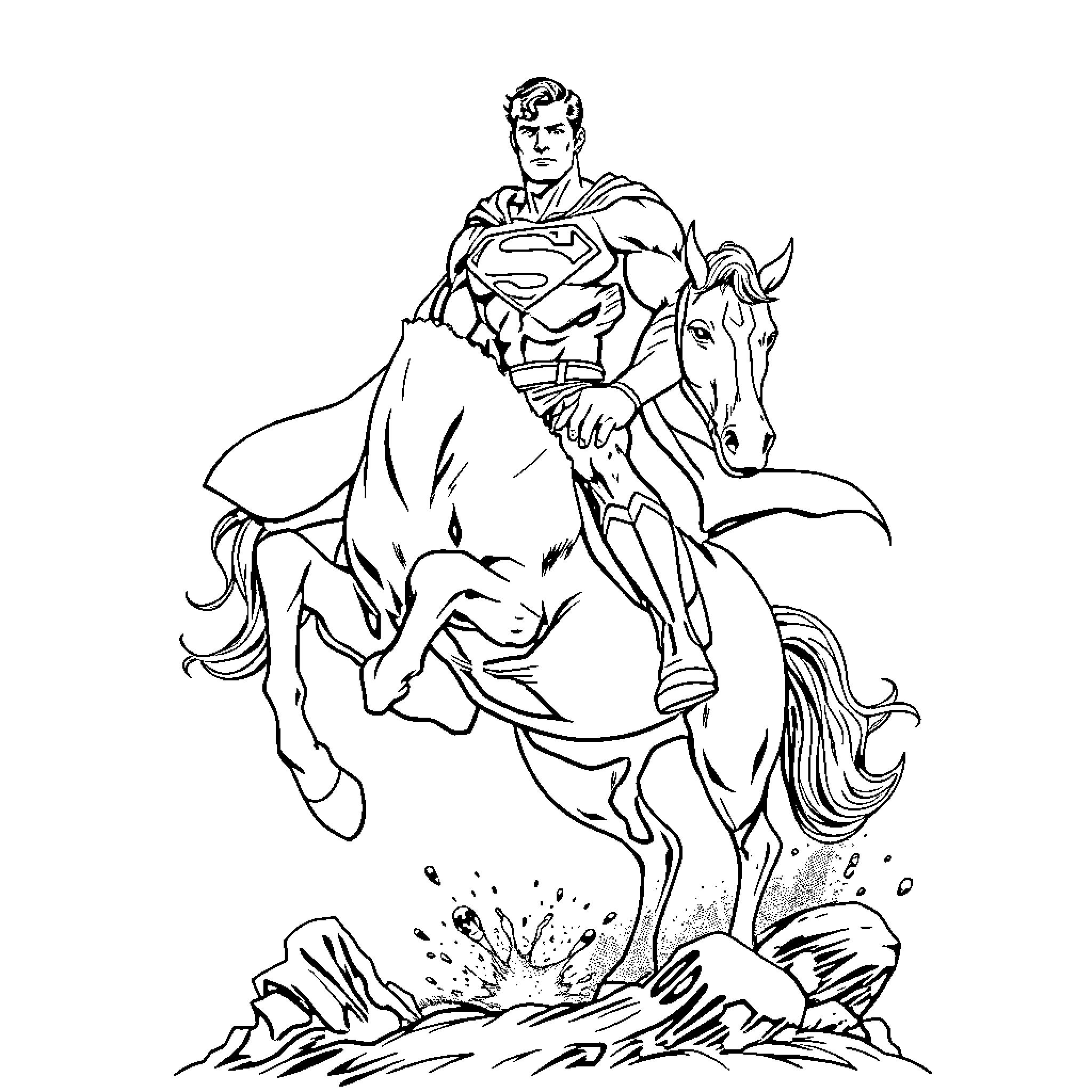 Superman riding a horse through the landscape Coloring Page (free black-and-white line drawing printable PDF for all, from beginners to advanced learners, including children, teens, adults, and seniors)