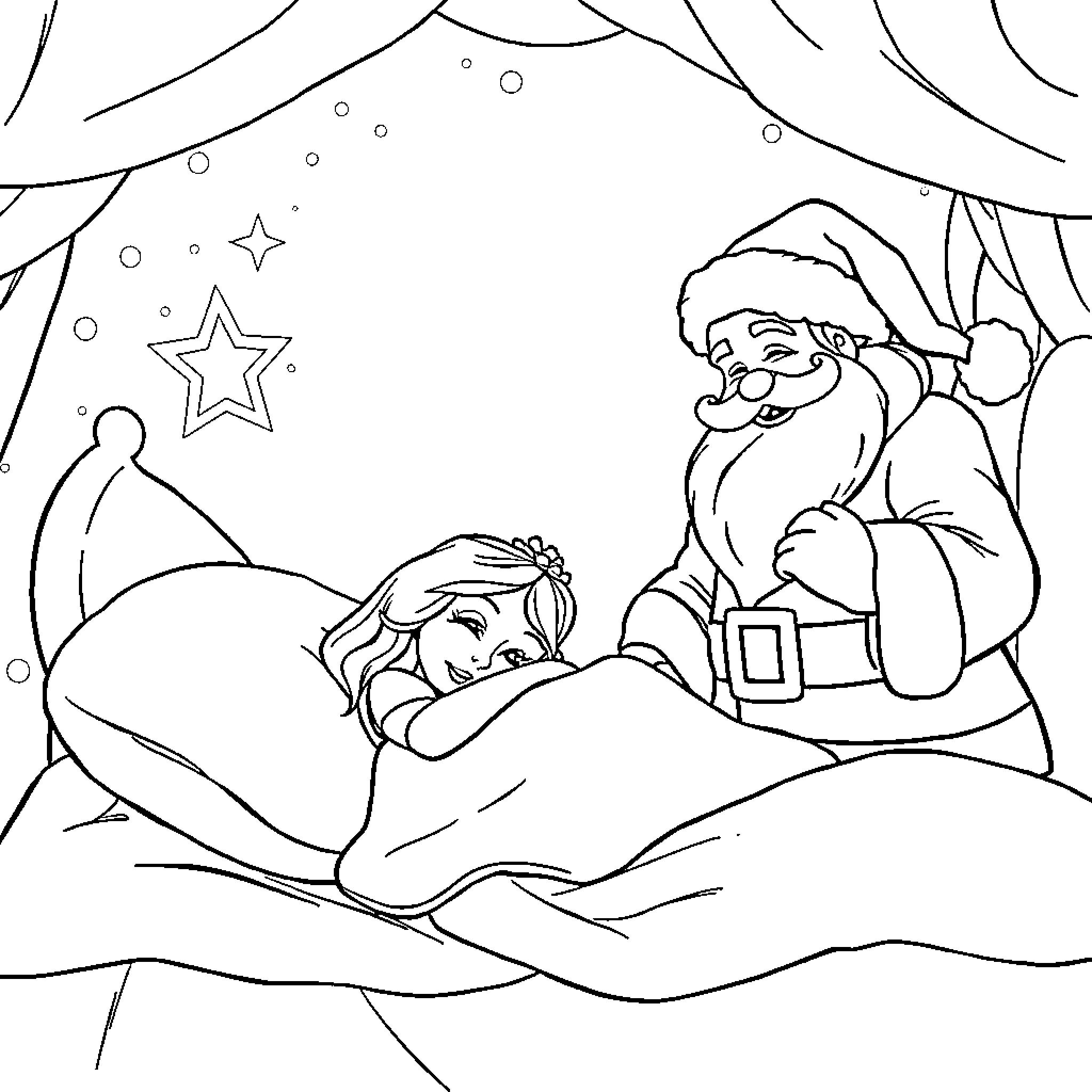 Sleeping Beauty awakens to Santa's visit Coloring Page (free black-and-white line drawing printable PDF for all, from beginners to advanced learners, including children, teens, adults, and seniors)