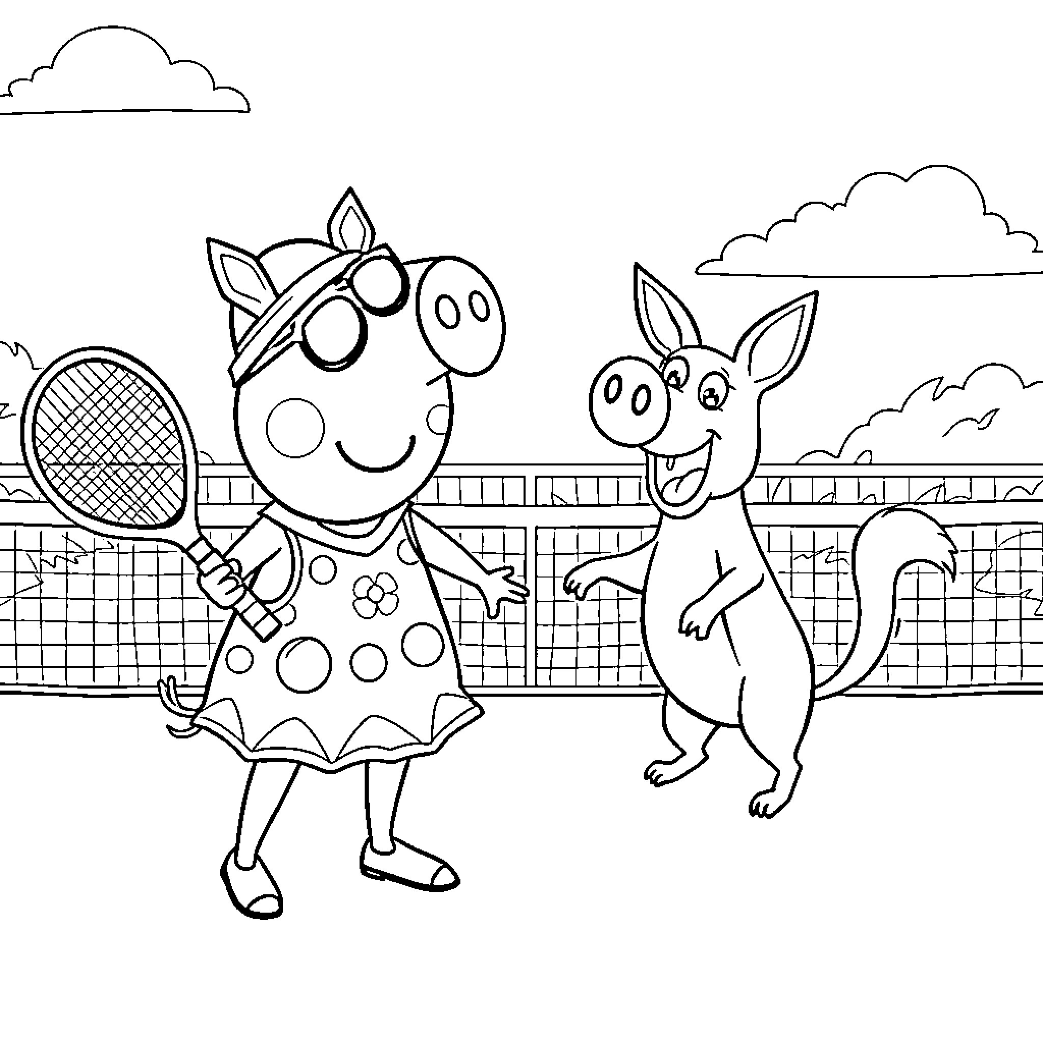 Pepper Pig and kangaroo playing tennis together Coloring Page (free black-and-white line drawing printable PDF for all, from beginners to advanced learners, including children, teens, adults, and seniors)