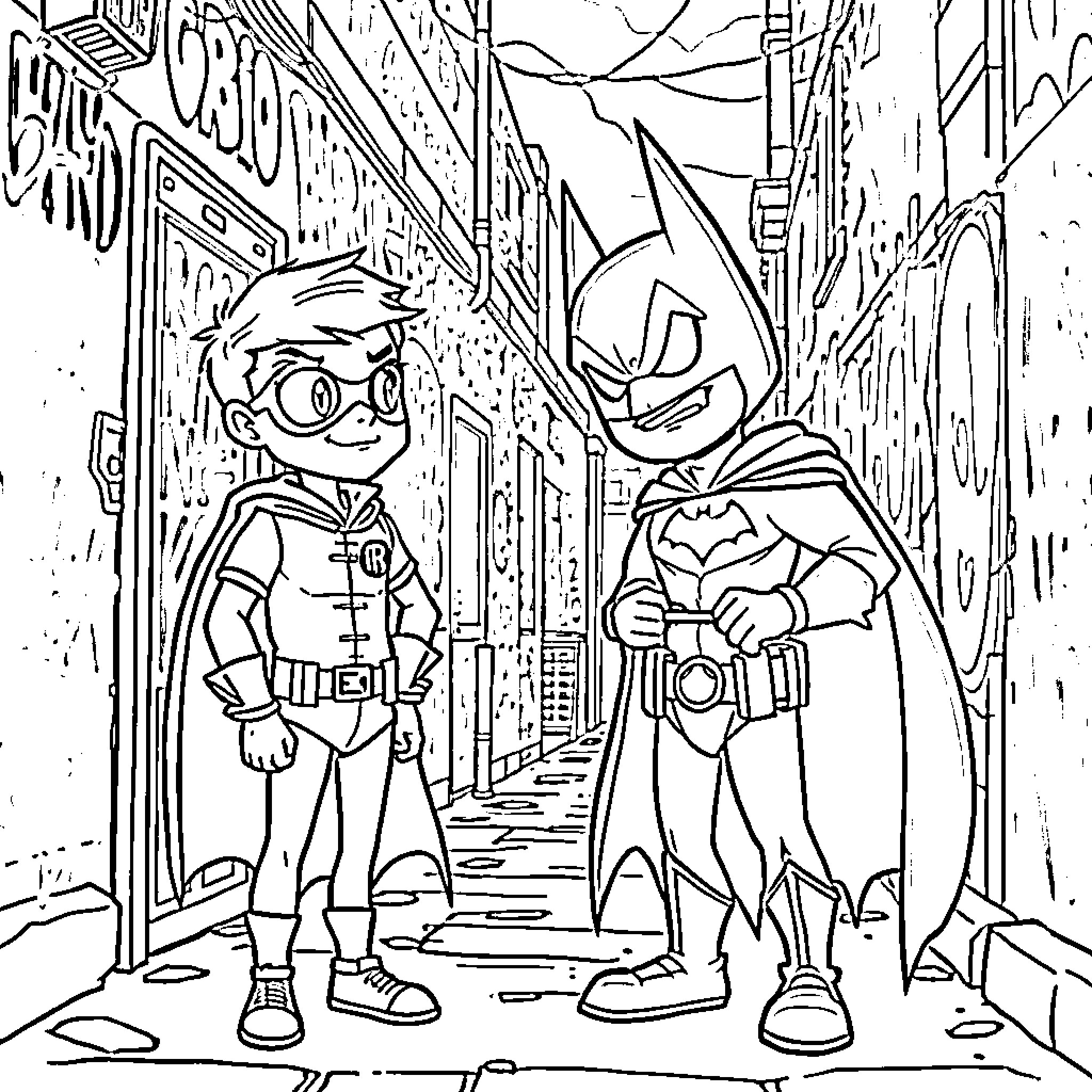Graffiti Characters: Young Heroes in the City Street Coloring Page (free black-and-white line drawing printable PDF for all, from beginners to advanced learners, including children, teens, adults, and seniors)
