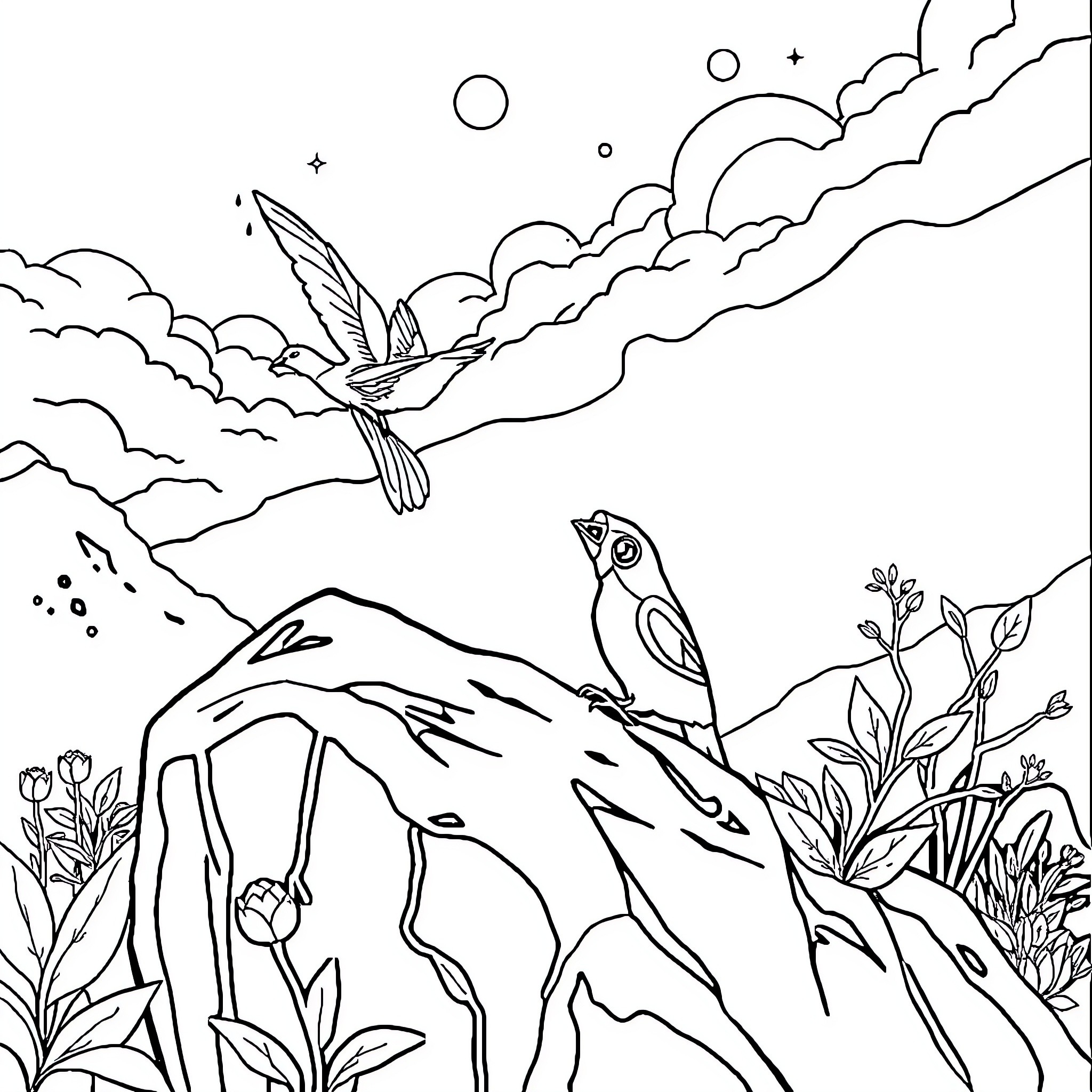 Tikus flying over magical landscape Coloring Page (free black-and-white line drawing printable PDF for all, from beginners to advanced learners, including children, teens, adults, and seniors)