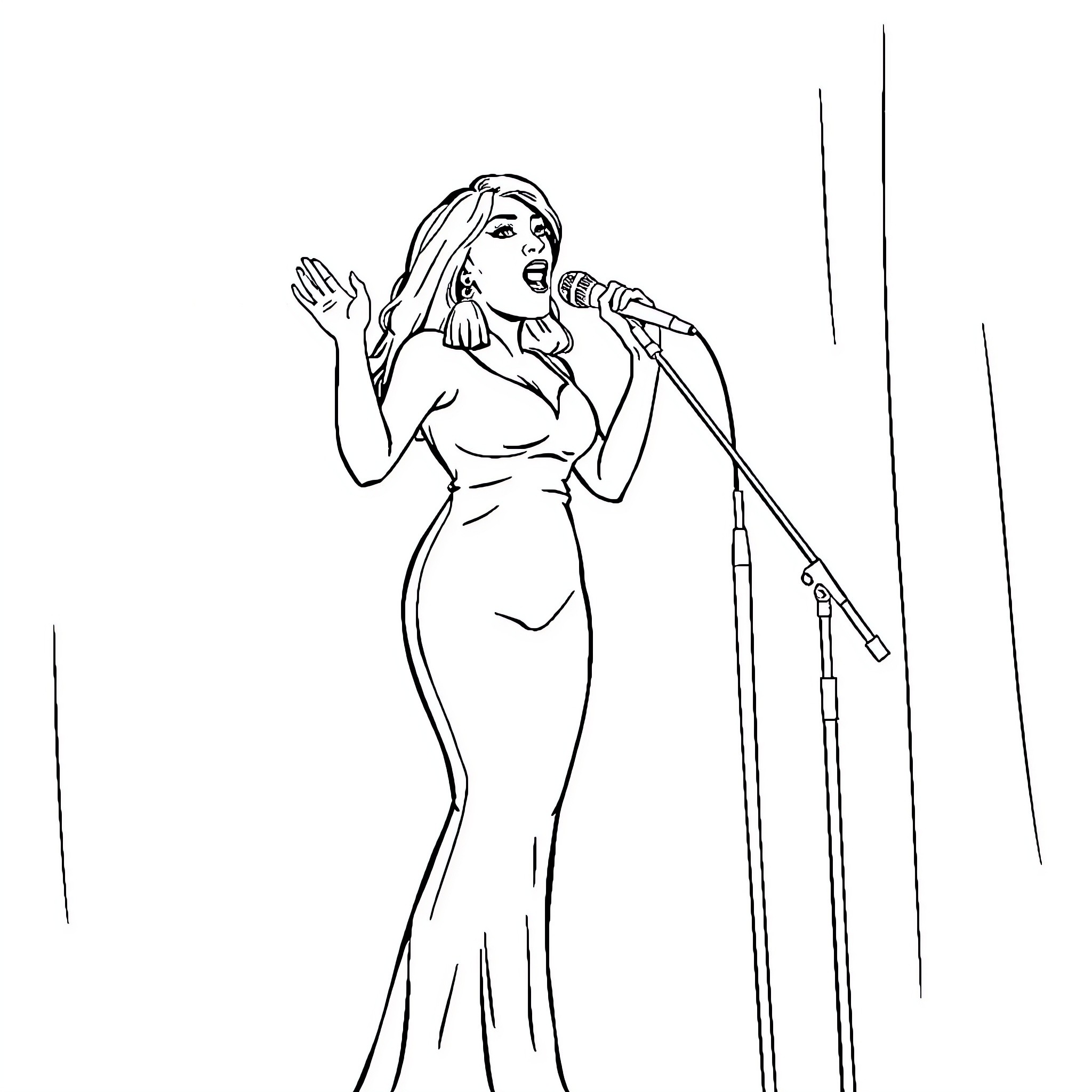 Caity Baser performing energetically on stage Coloring Page (free black-and-white line drawing printable PDF for all, from beginners to advanced learners, including children, teens, adults, and seniors)