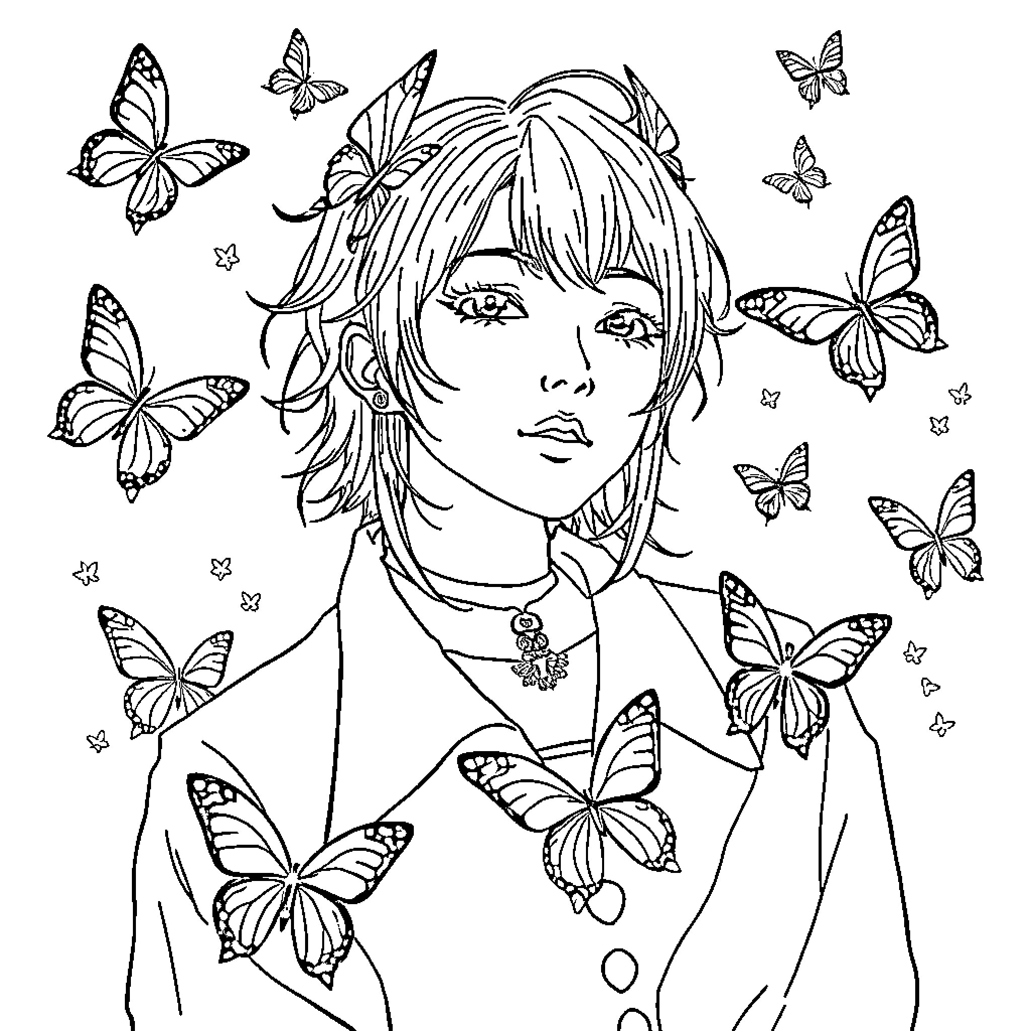 Rumi surrounded by whimsical butterflies Coloring Page (free black-and-white line drawing printable PDF for all, from beginners to advanced learners, including children, teens, adults, and seniors)