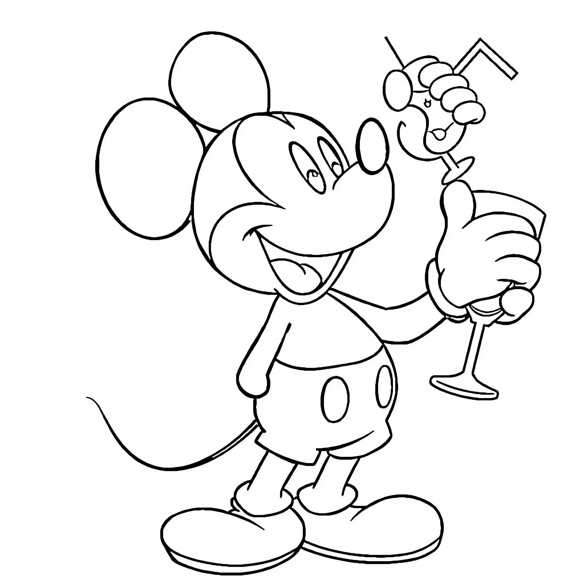 Mickey Mouse enjoying a celebratory drink Coloring Page (free black-and-white line drawing printable PDF for all, from beginners to advanced learners, including children, teens, adults, and seniors)