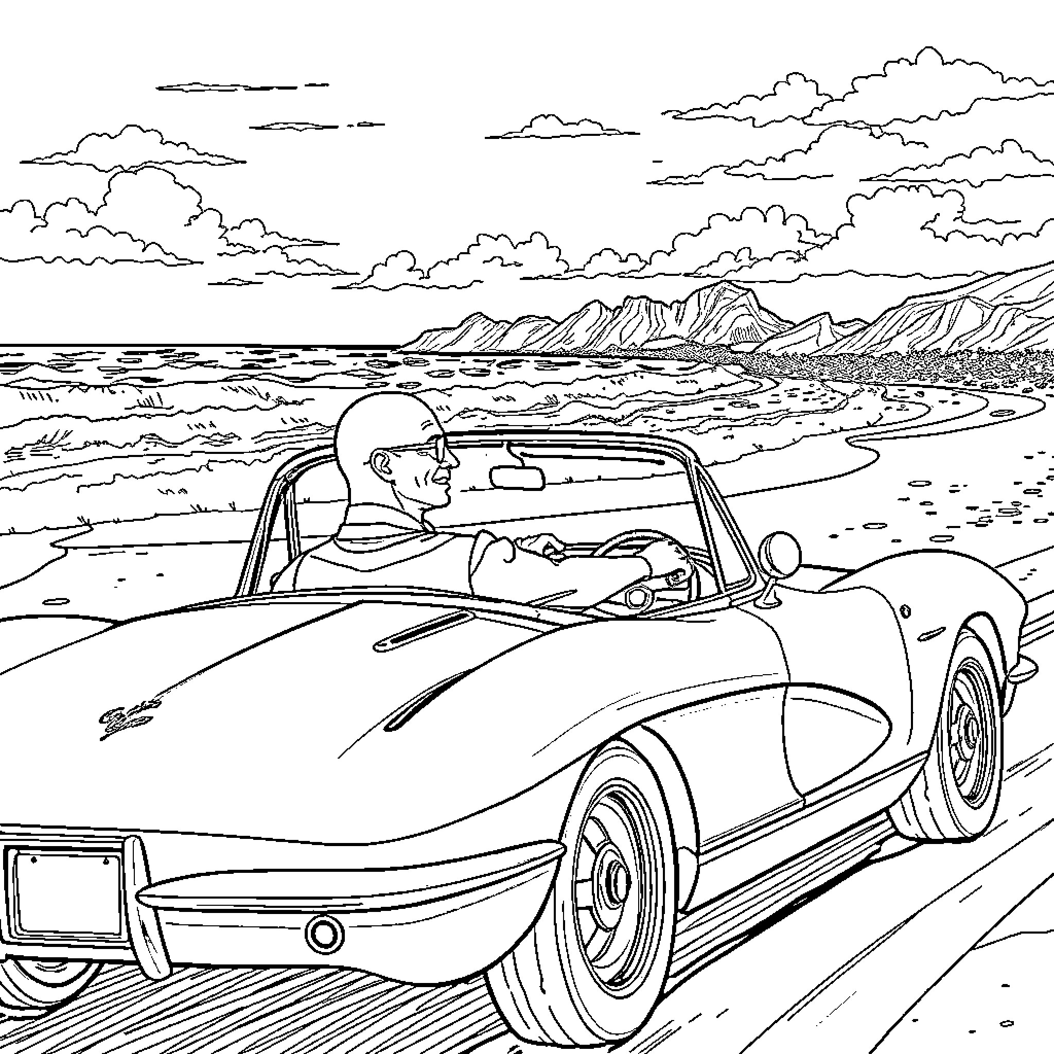 Man driving classic sports car along coastal road Coloring Page (free black-and-white line drawing printable PDF for all, from beginners to advanced learners, including children, teens, adults, and seniors)