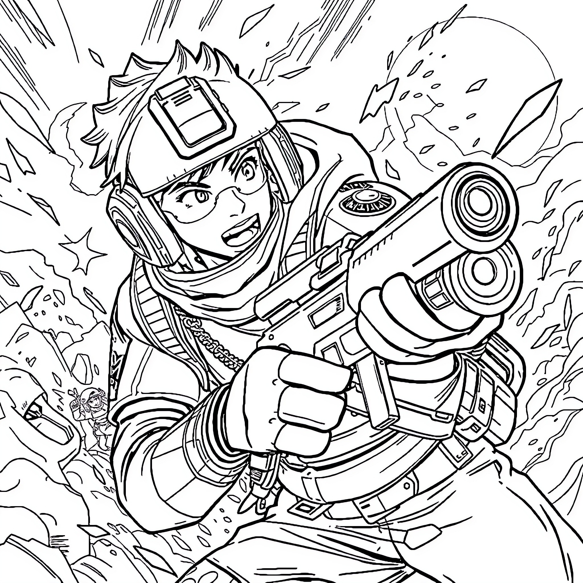 Huss: Heroic soldier in explosive action Coloring Page (free black-and-white line drawing printable PDF for all, from beginners to advanced learners, including children, teens, adults, and seniors)