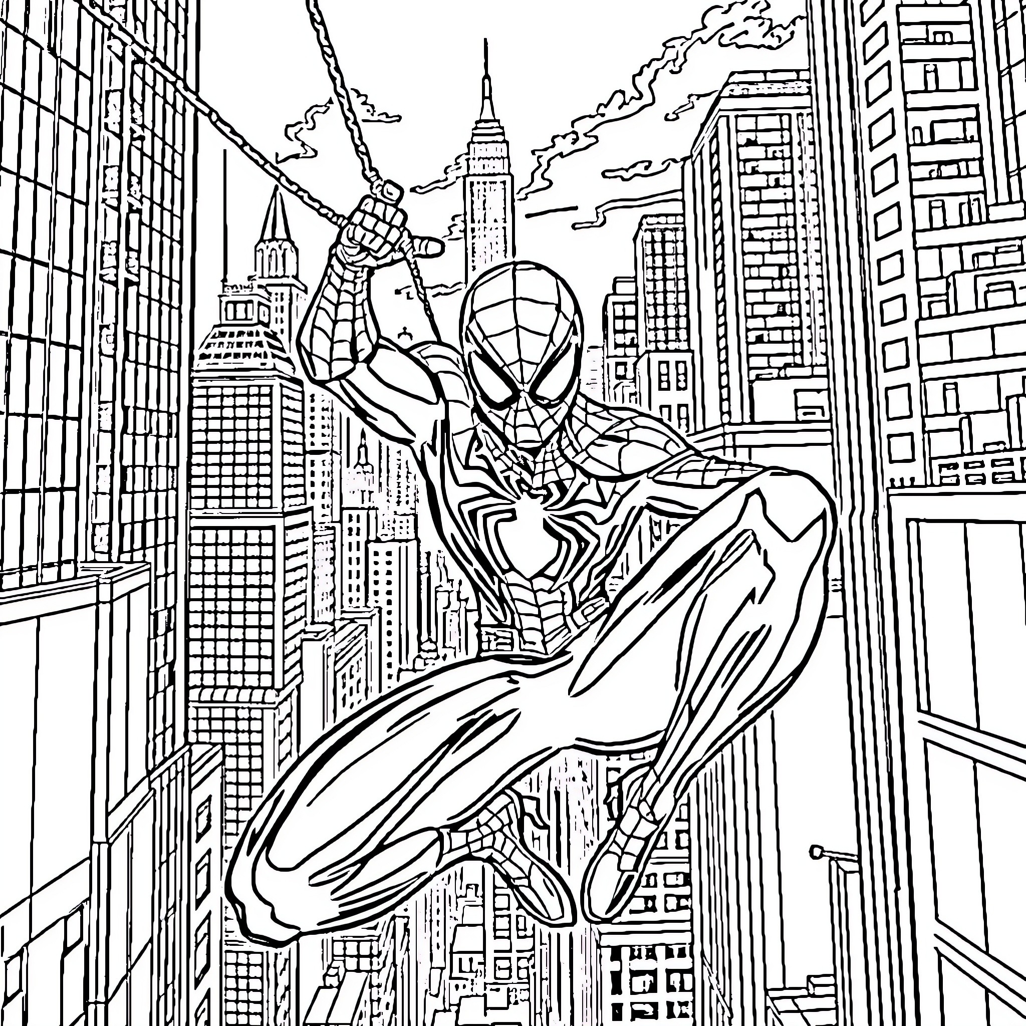 Spider-Man swinging across the city skyline Coloring Page (free black-and-white line drawing printable PDF for all, from beginners to advanced learners, including children, teens, adults, and seniors)