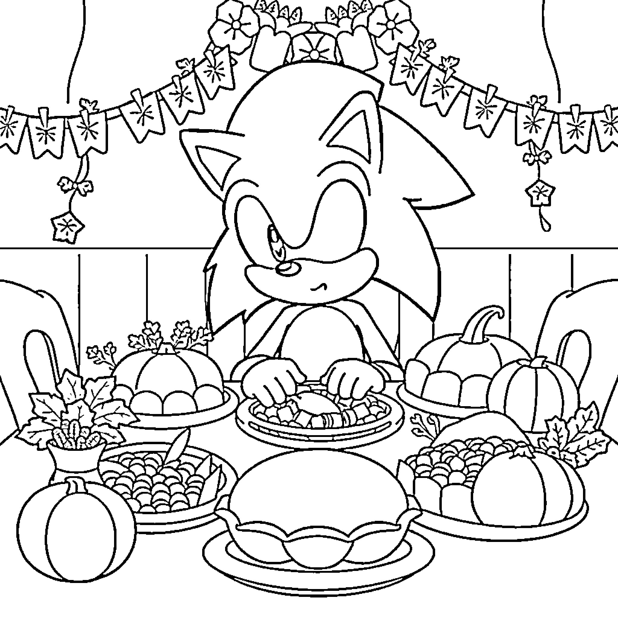 Sonic Celebrates Thanksgiving with Festive Decorations Coloring Page (free black-and-white line drawing printable PDF for all, from beginners to advanced learners, including children, teens, adults, and seniors)