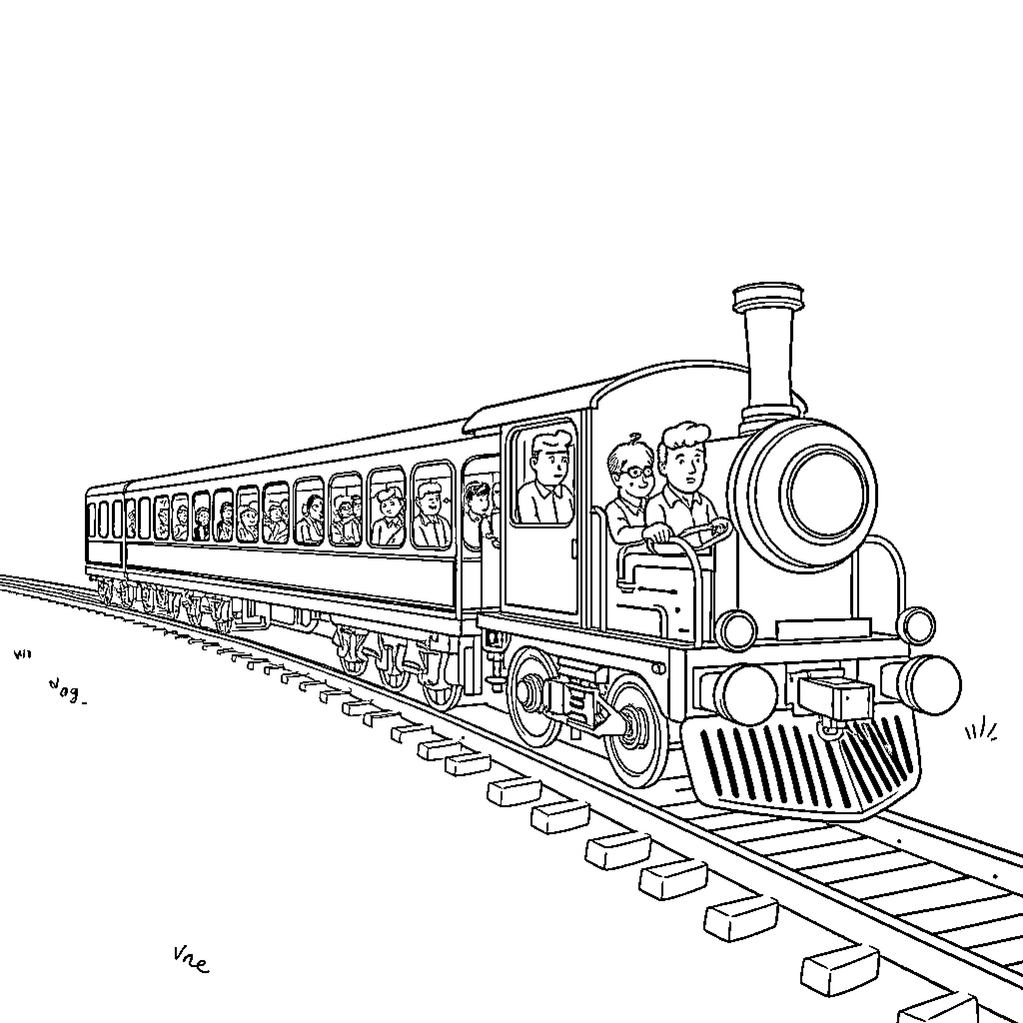 Train transporting passengers along the tracks Coloring Page (free black-and-white line drawing printable PDF for all, from beginners to advanced learners, including children, teens, adults, and seniors)