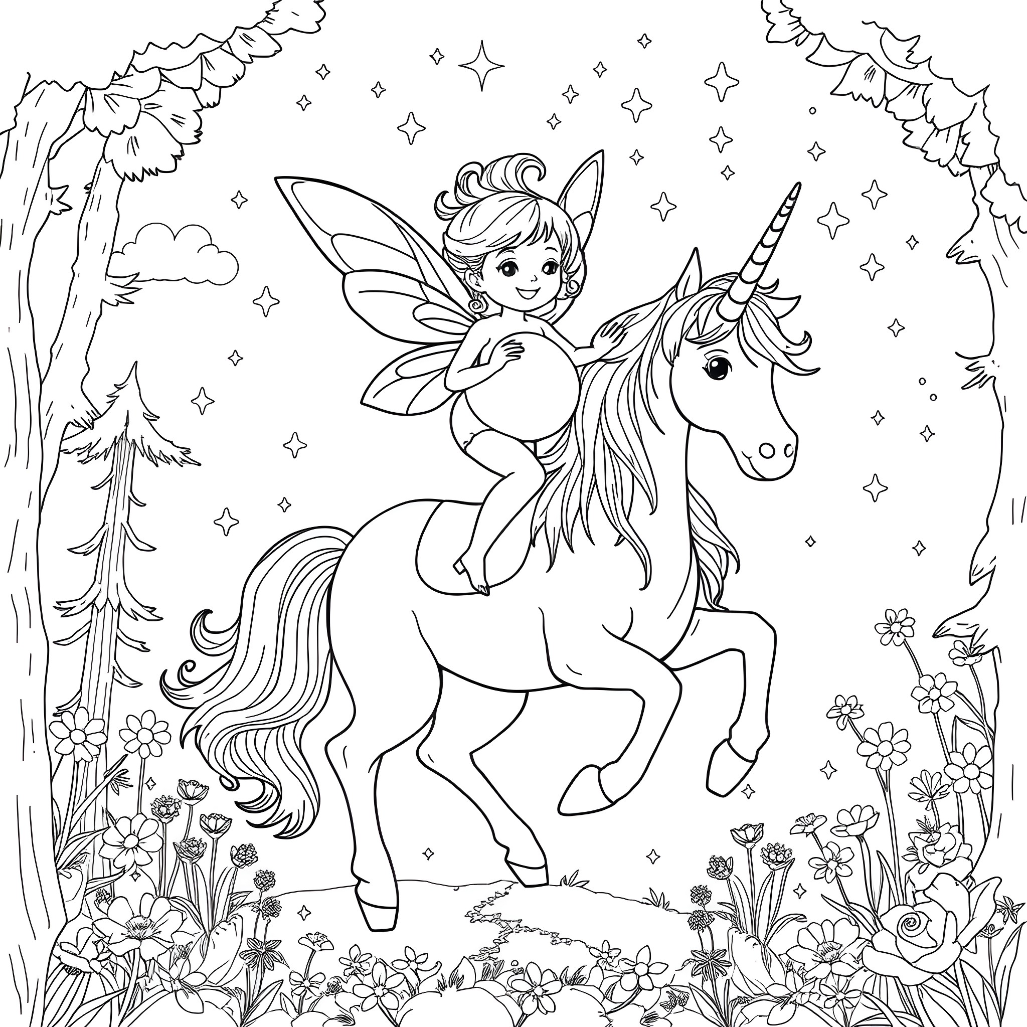 Fairy riding a magical unicorn in a enchanted forest Coloring Page (free black-and-white line drawing printable PDF for all, from beginners to advanced learners, including children, teens, adults, and seniors)