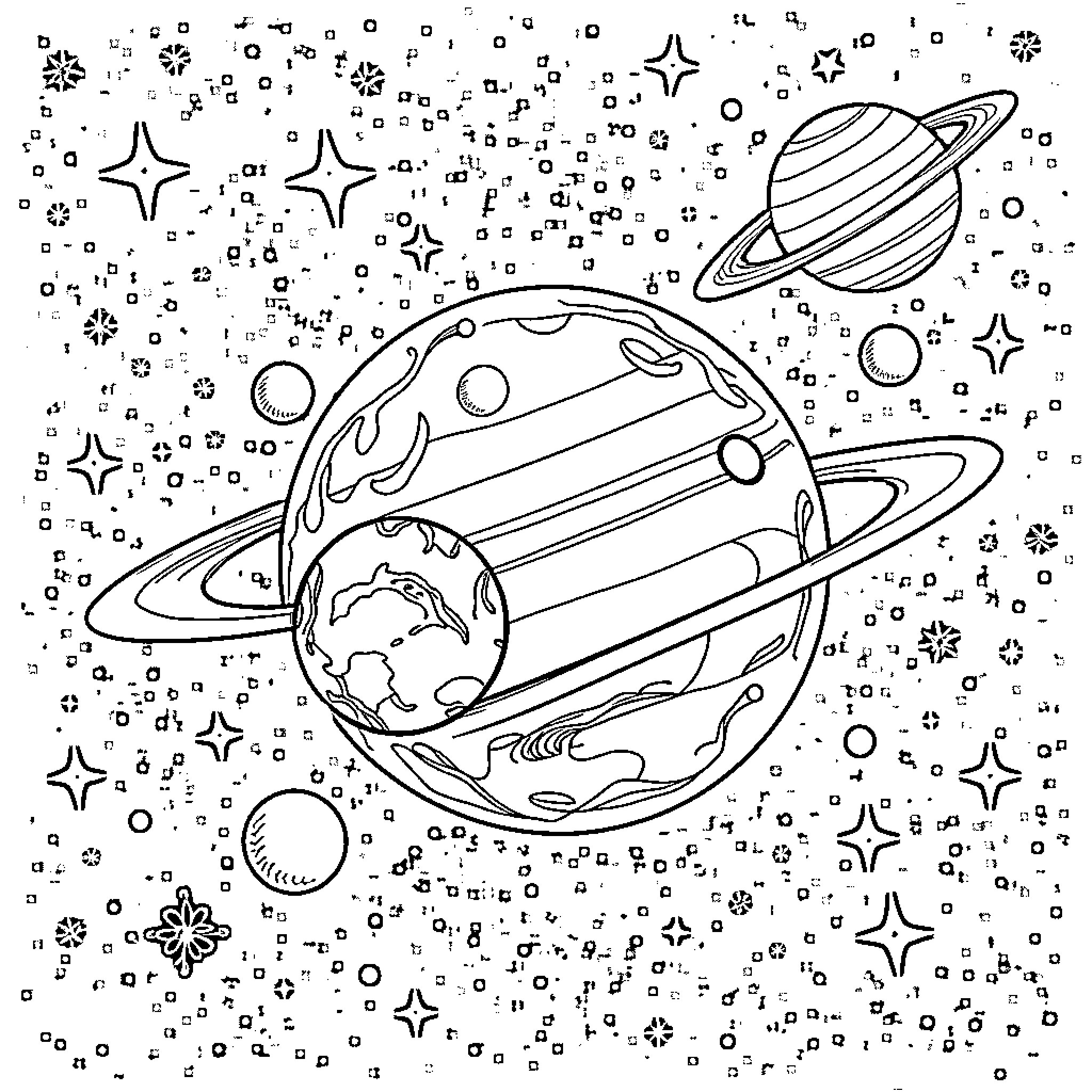 Space themed illustration with planets and stars Coloring Page (free black-and-white line drawing printable PDF for all, from beginners to advanced learners, including children, teens, adults, and seniors)