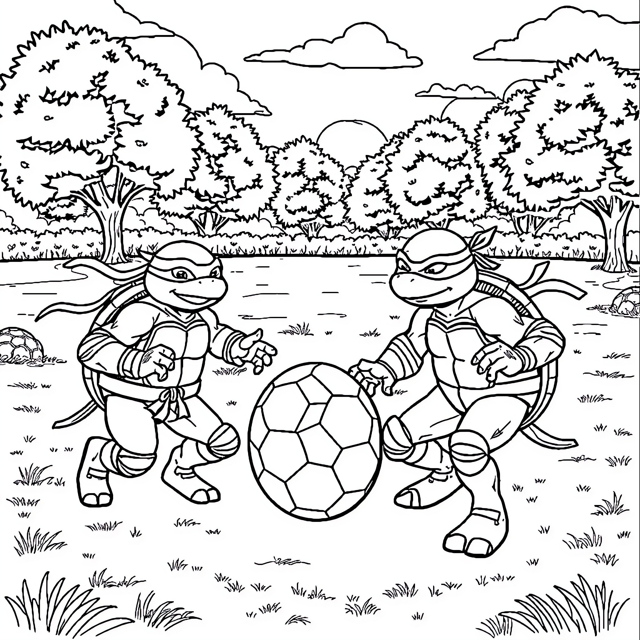 Ninja Turtles playing soccer in the forest Coloring Page (free black-and-white line drawing printable PDF for all, from beginners to advanced learners, including children, teens, adults, and seniors)