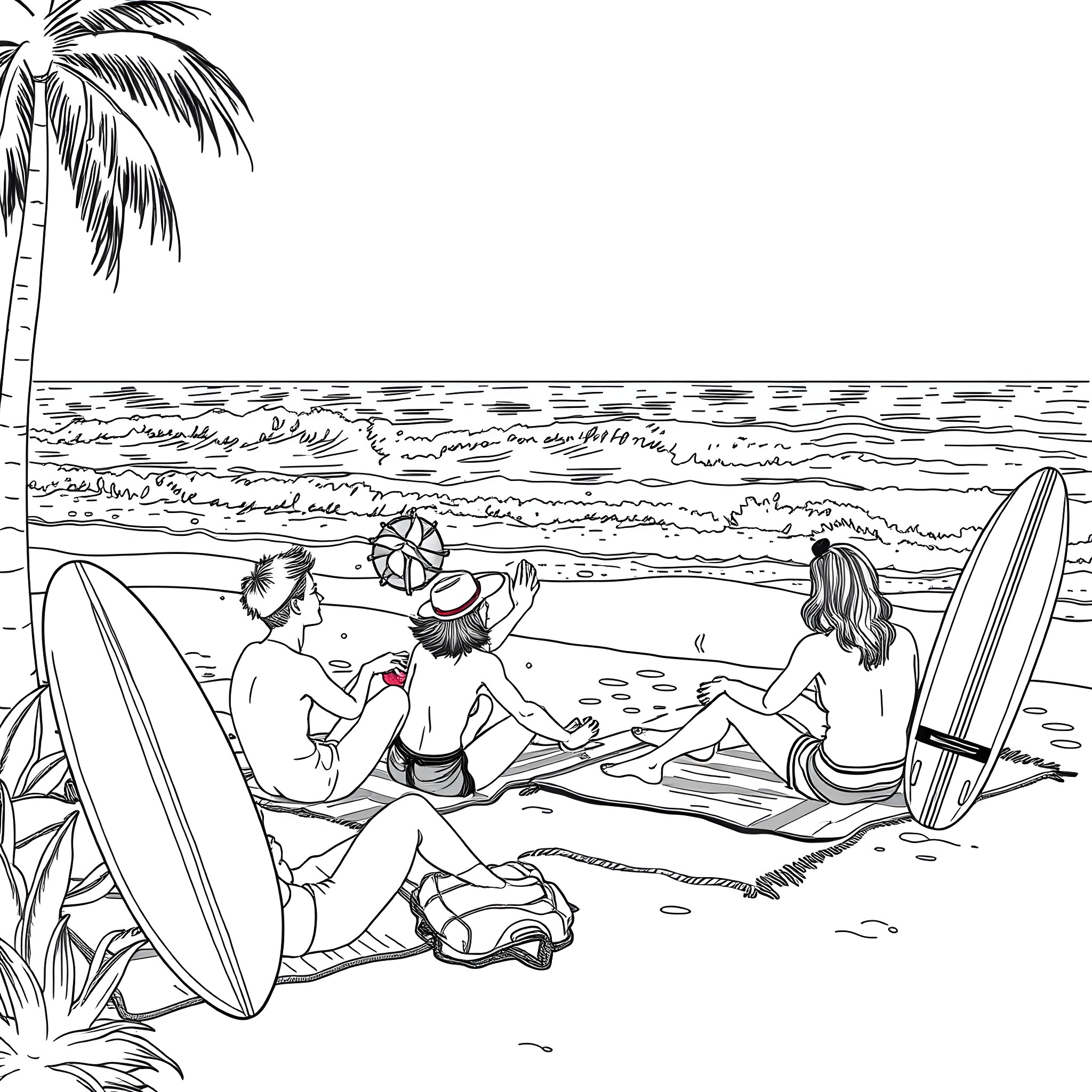 College Guys Relaxing on the Beach with Surfboards Coloring Page (free black-and-white line drawing printable PDF for all, from beginners to advanced learners, including children, teens, adults, and seniors)