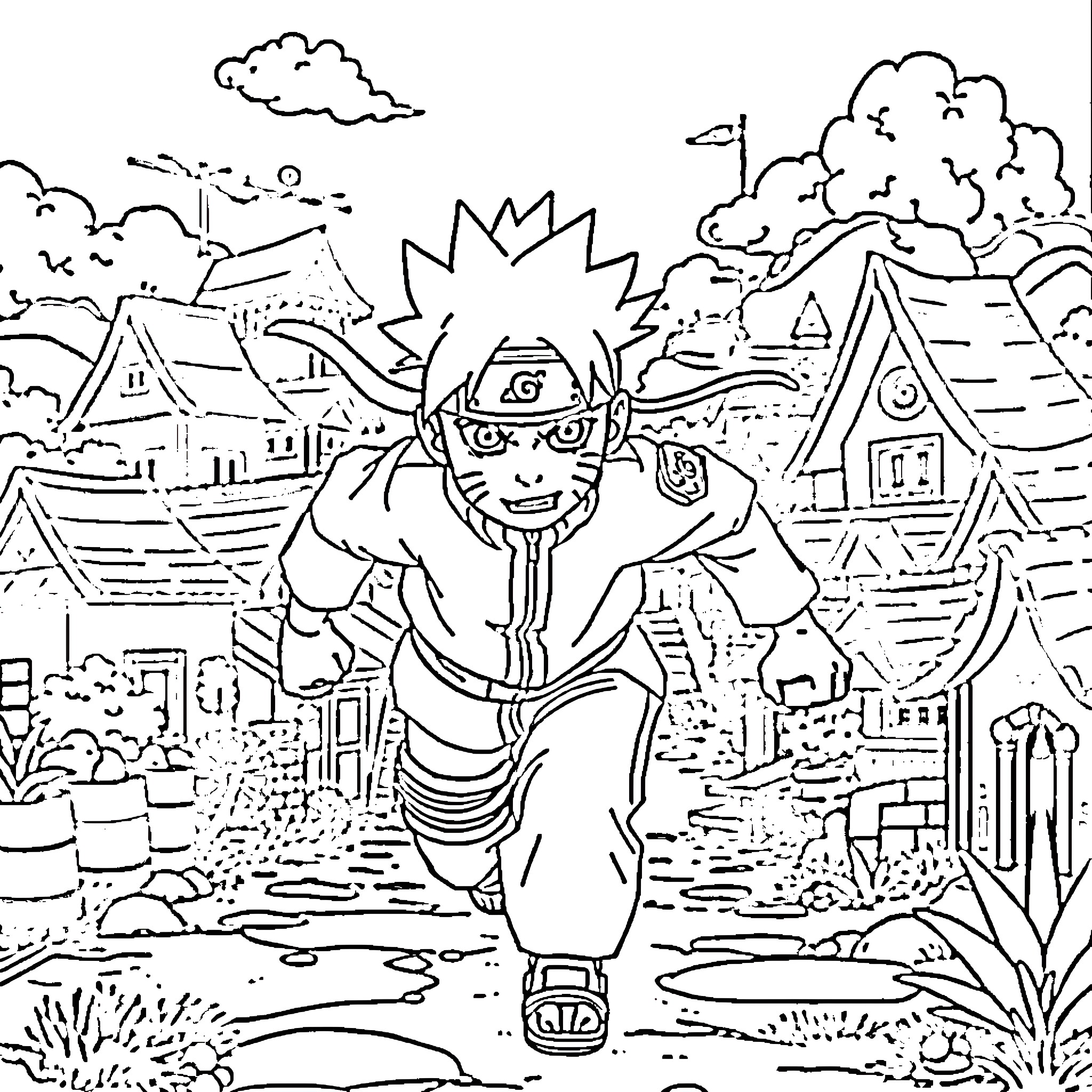 Naruto running through the village energetically Coloring Page (free black-and-white line drawing printable PDF for all, from beginners to advanced learners, including children, teens, adults, and seniors)