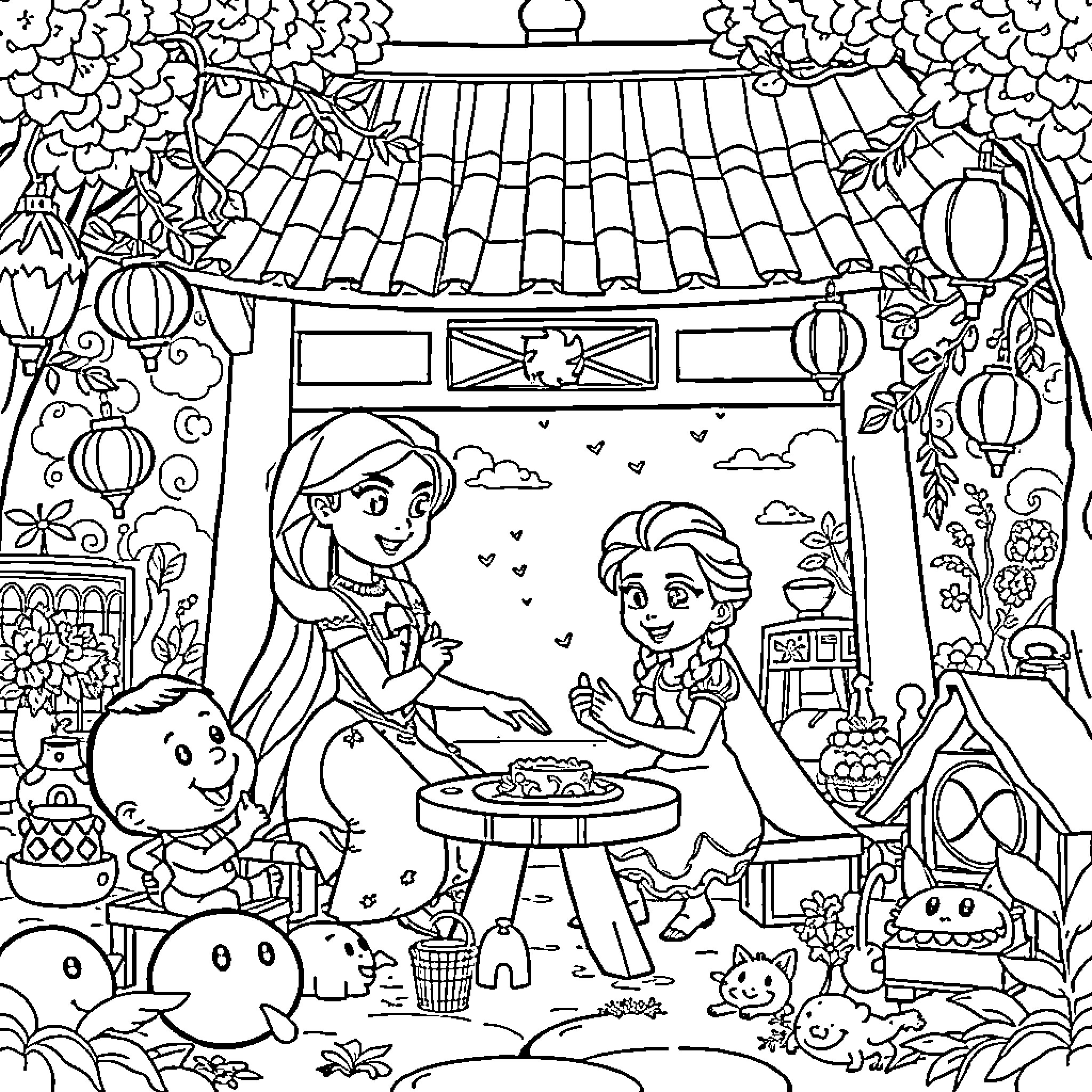 Rapunzel's Vibrant Garden Adventure Coloring Page (free black-and-white line drawing printable PDF for all, from beginners to advanced learners, including children, teens, adults, and seniors)