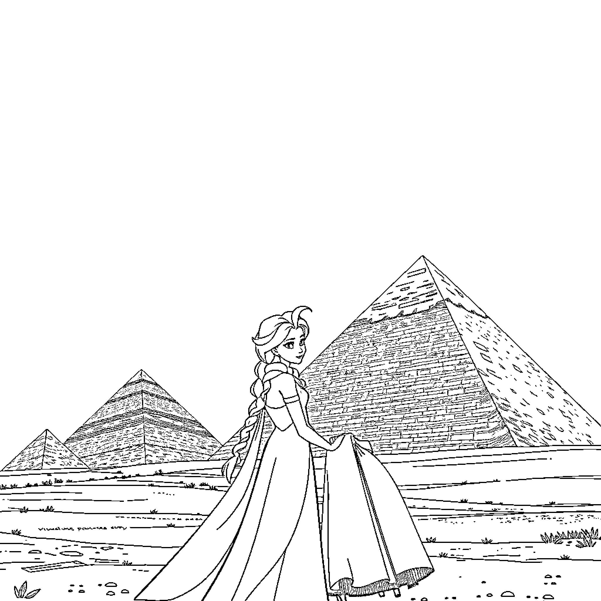 Ana and Elsa exploring the ancient Egyptian pyramids Coloring Page (free black-and-white line drawing printable PDF for all, from beginners to advanced learners, including children, teens, adults, and seniors)