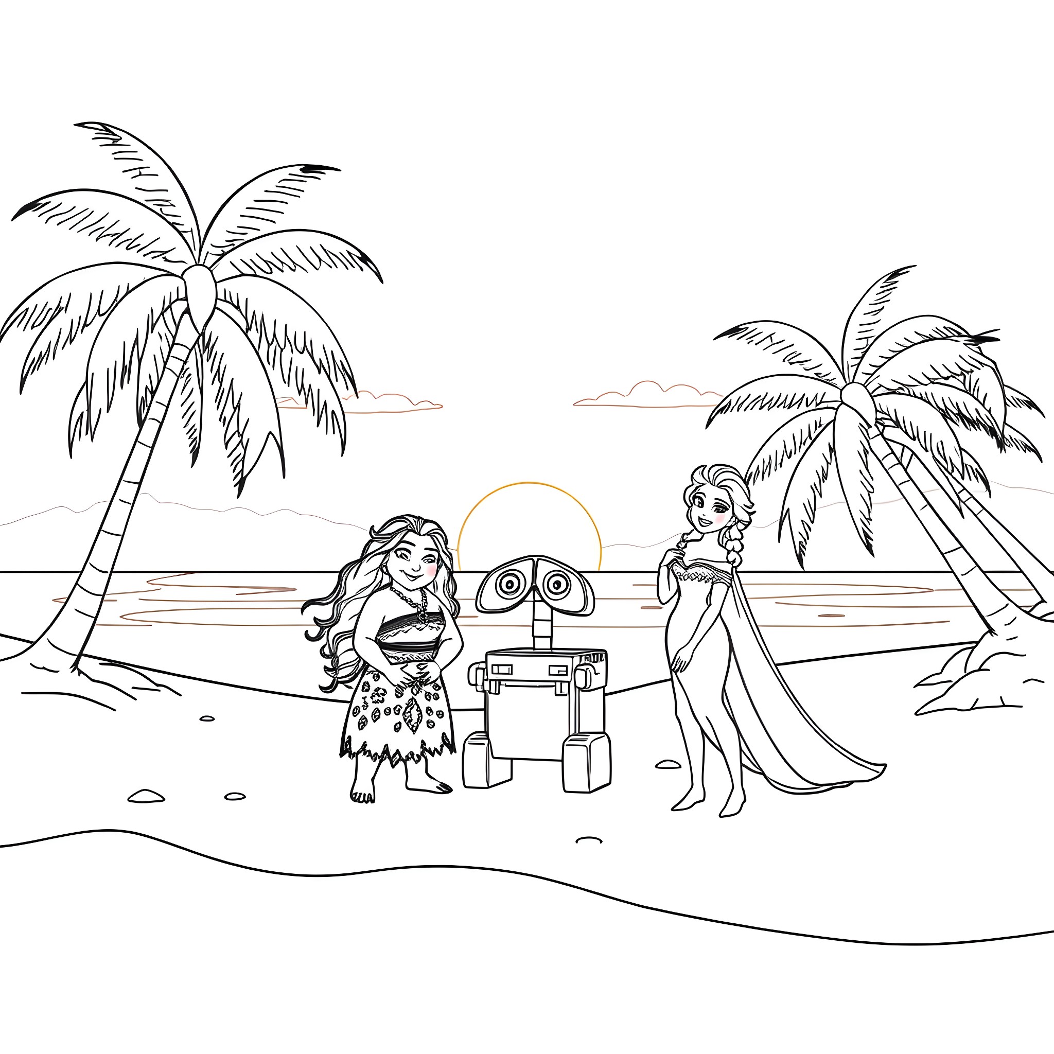 Moana and Hei Hei exploring the tropical beach Coloring Page (free black-and-white line drawing printable PDF for all, from beginners to advanced learners, including children, teens, adults, and seniors)