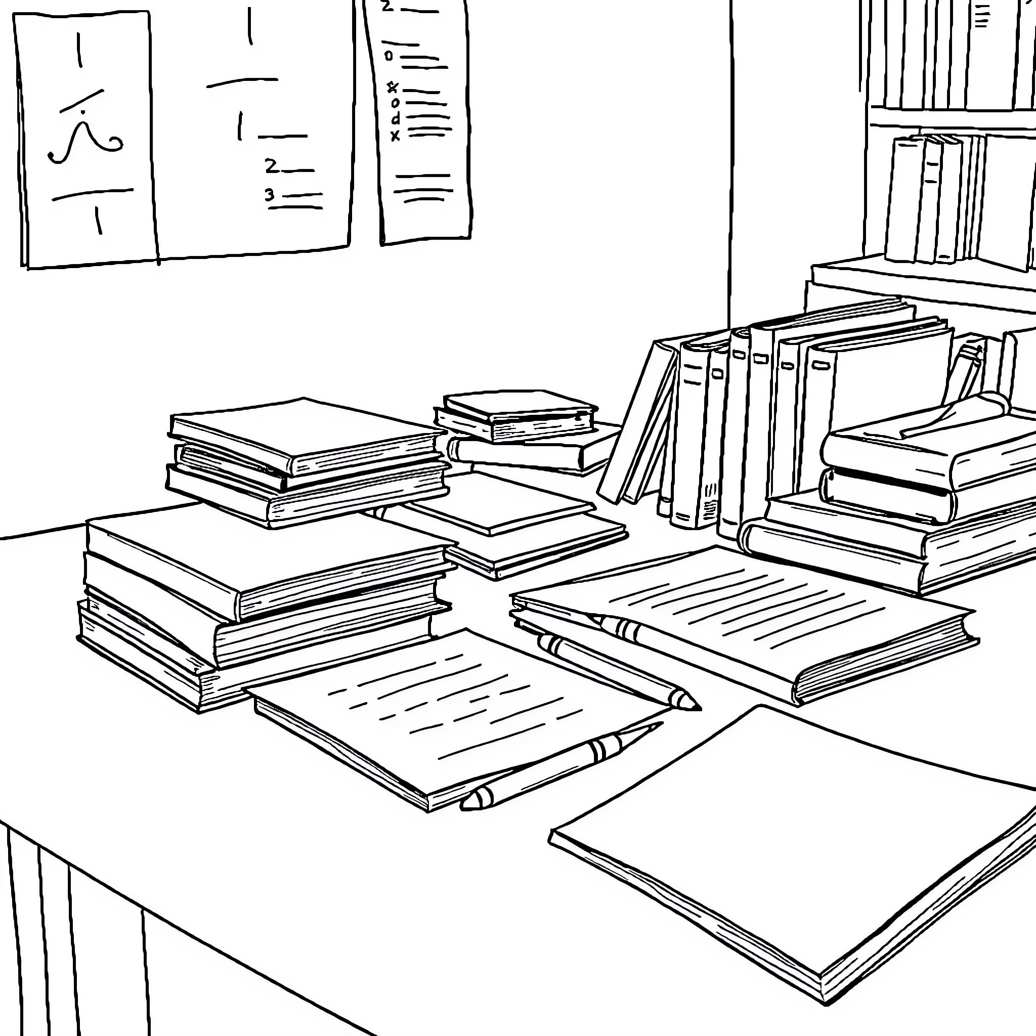 School Library Scene with Books and Supplies Coloring Page (free black-and-white line drawing printable PDF for all, from beginners to advanced learners, including children, teens, adults, and seniors)